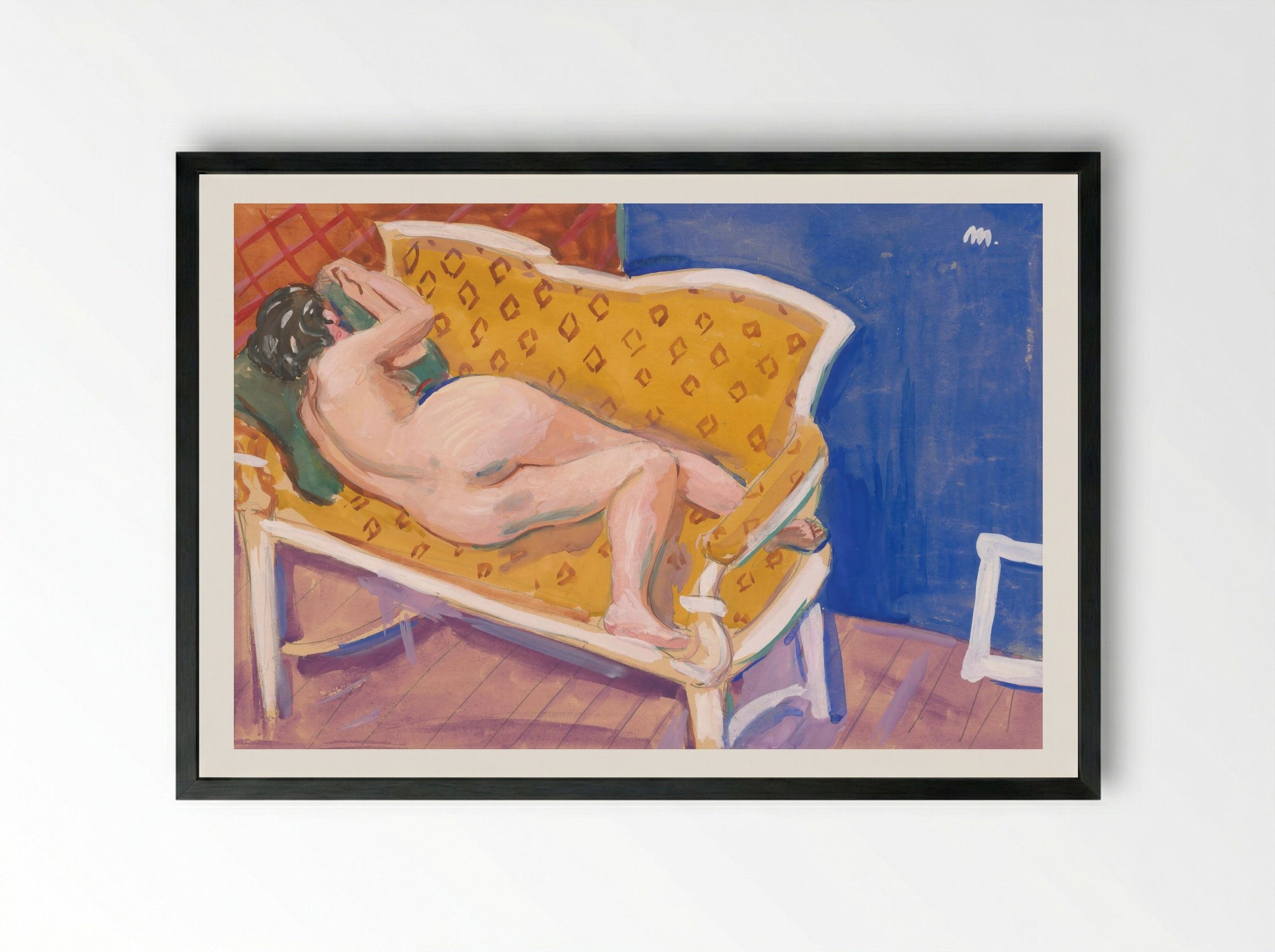 Reclining Nude on Yellow Sofa - Cyprián Majerník - Framed Print Black