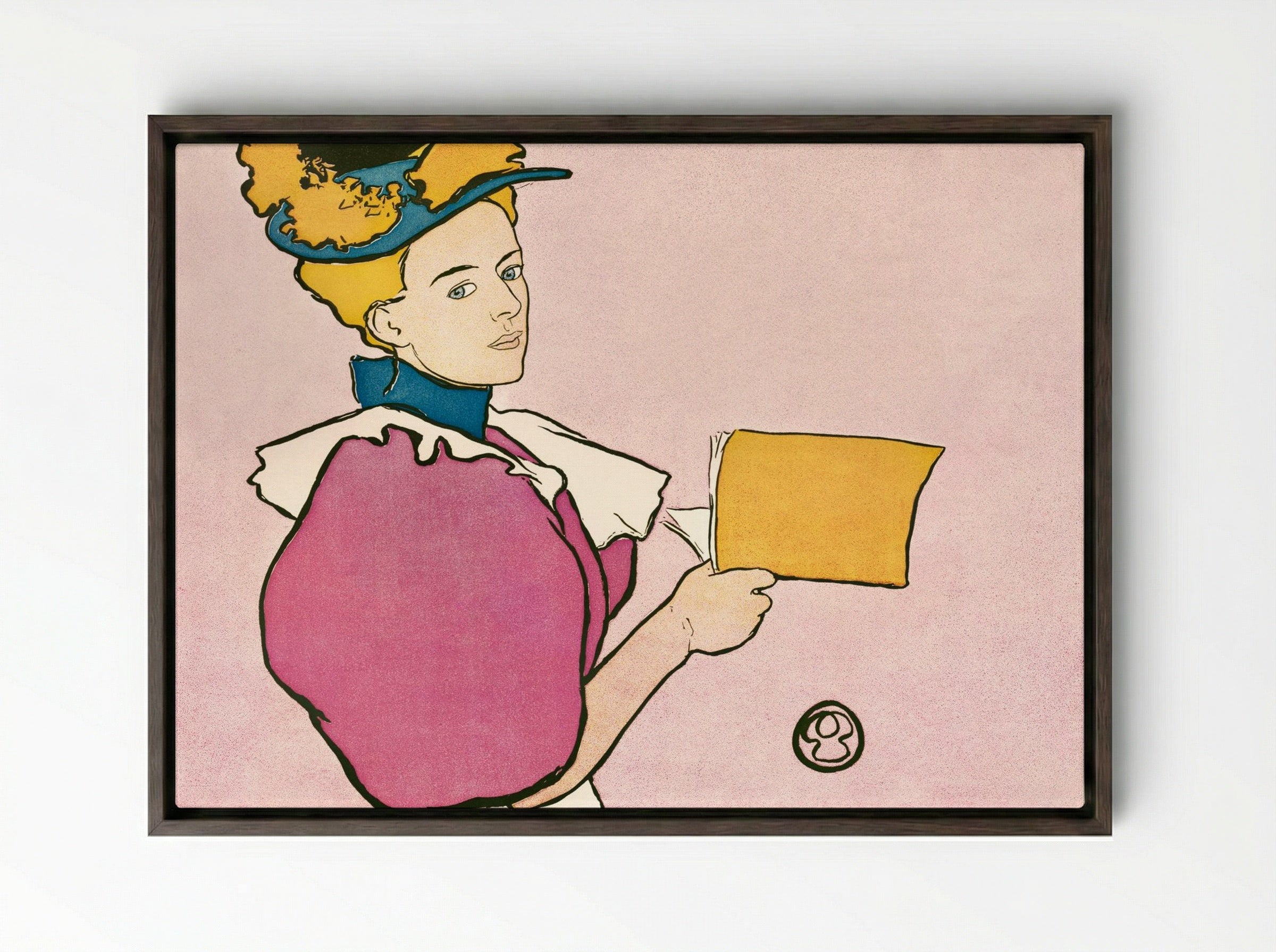 Woman Holding Book - Edward Penfield - Framed Canvas Dark Wood