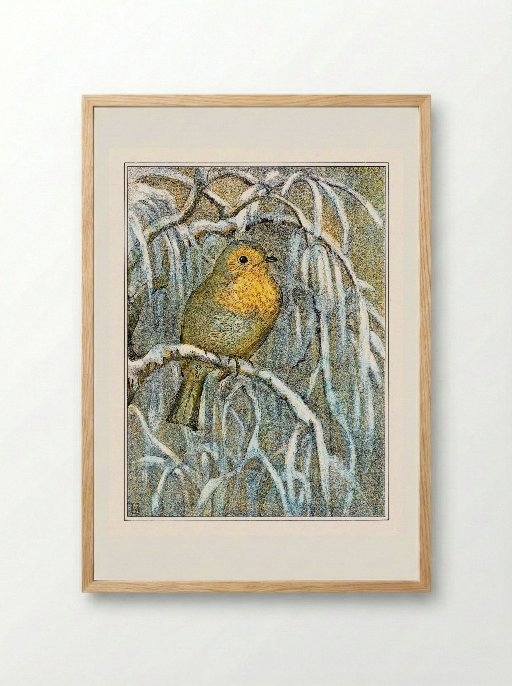 Robin on Snowy Branch - Theo van Hoytema - Framed Print Wood