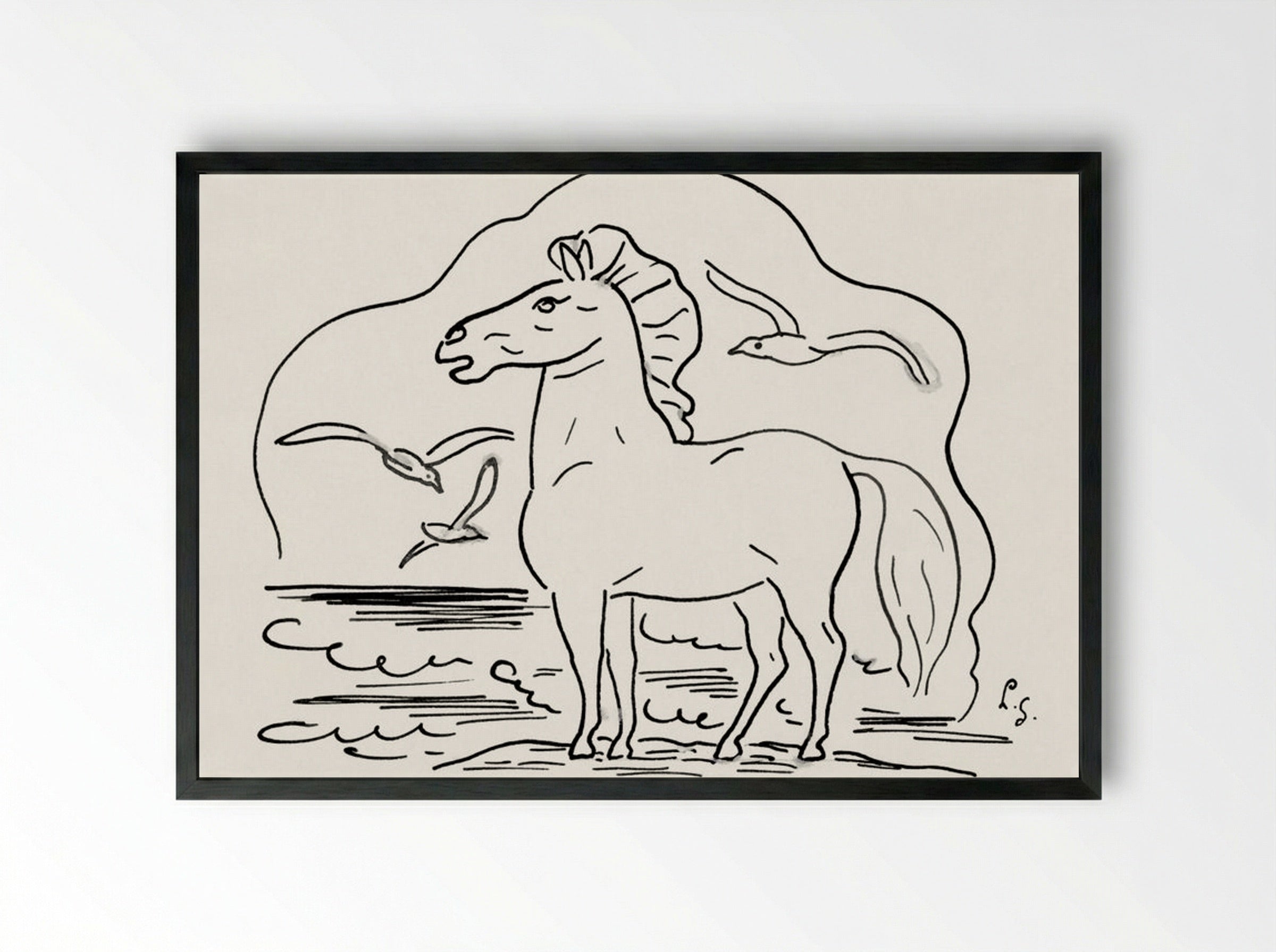 Horse in the Surf with Three Seagulls - Leo Gestel - Framed Print Black