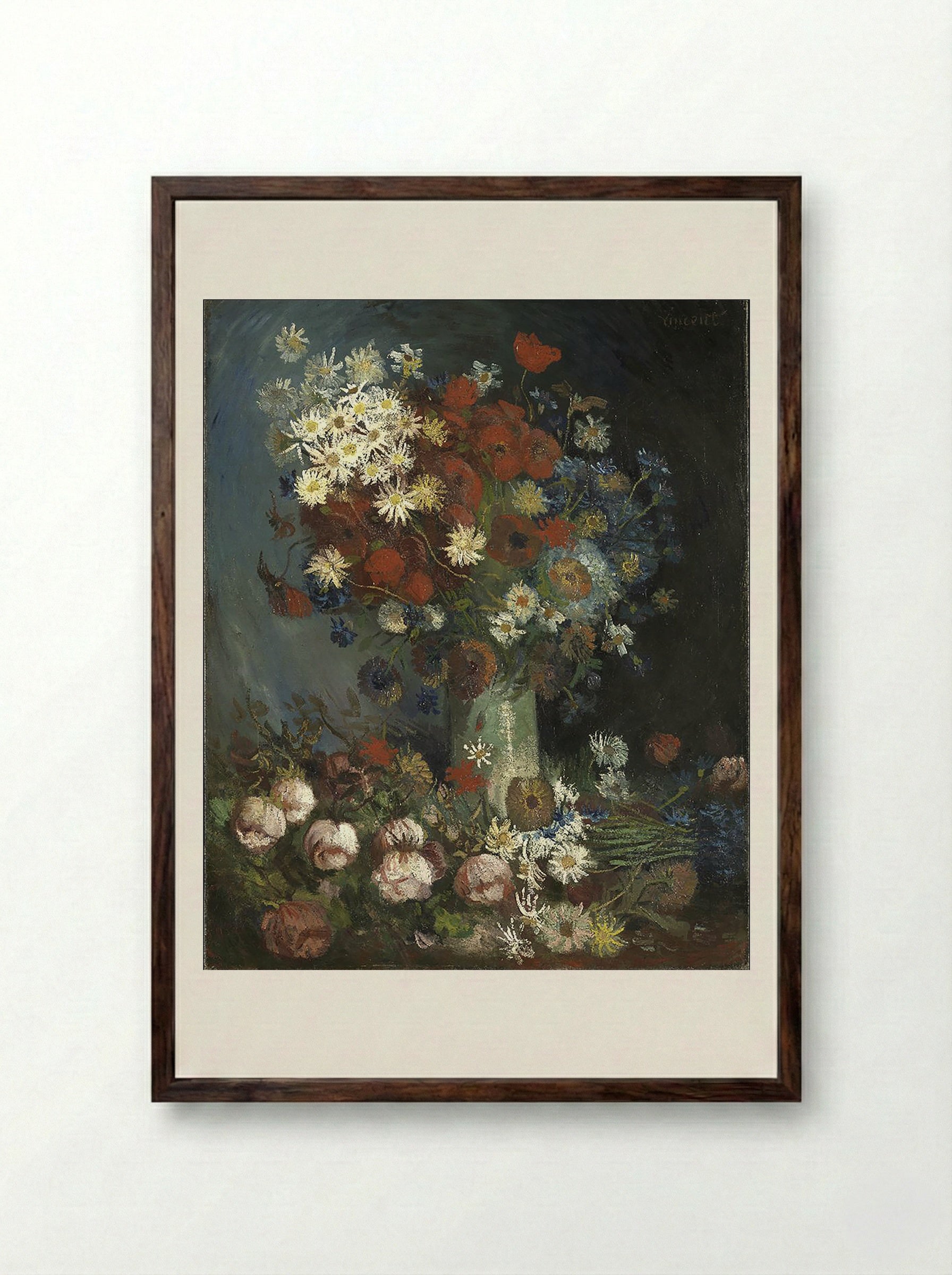Still Life with Meadow Flowers and Roses - Vincent van Gogh - Framed Print Dark Wood