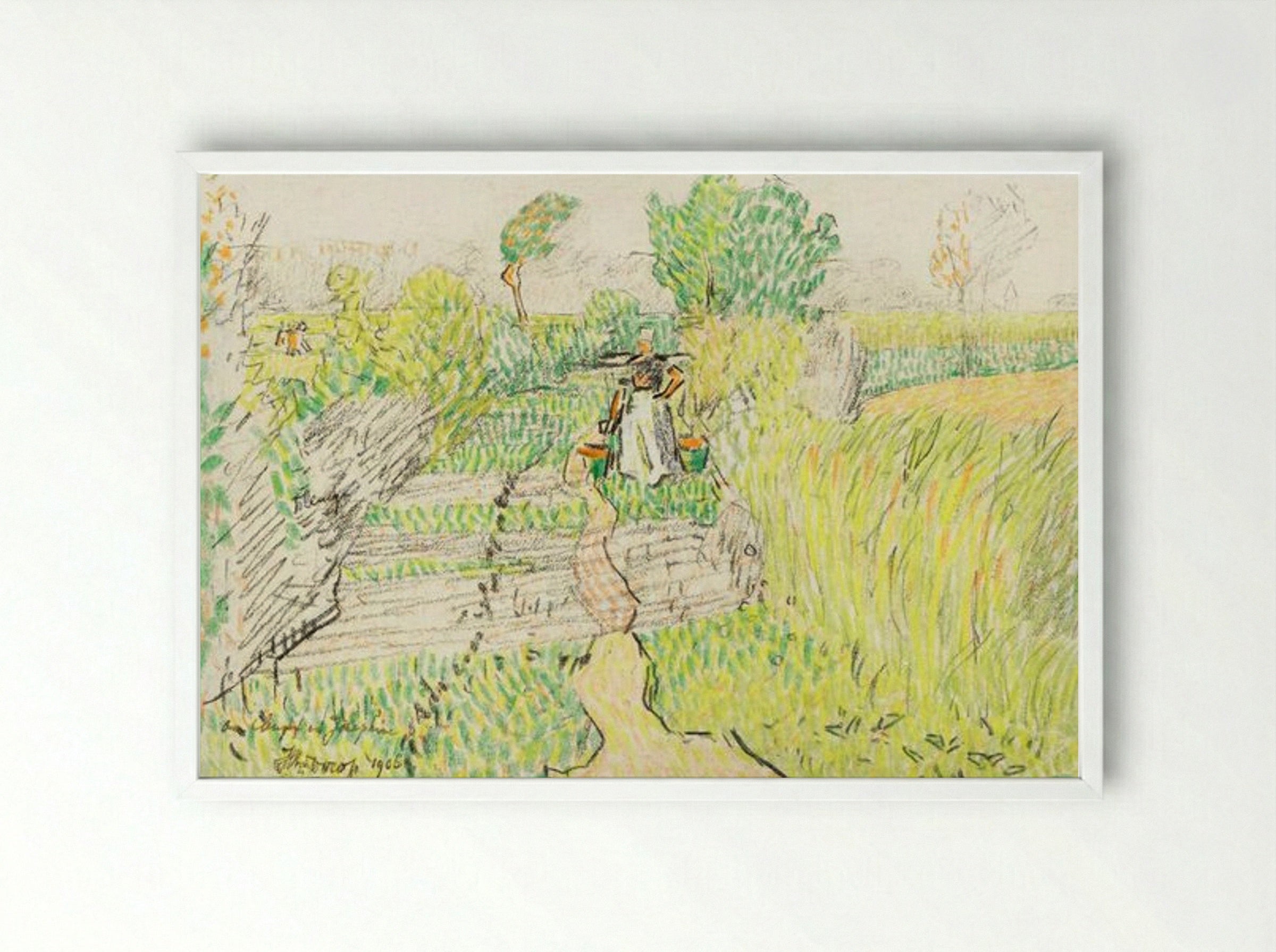 Peasant Woman with Milk Buckets in a Wheat Field - Jan Toorop - Framed Print White