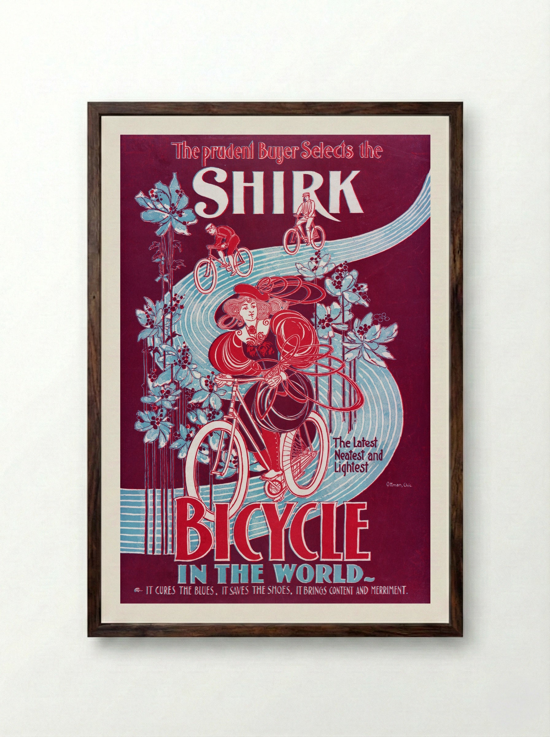 The Prudent Buyer Selects the Shirk Bicycle - Ottmann Lith. Co. - Framed Print Dark Wood