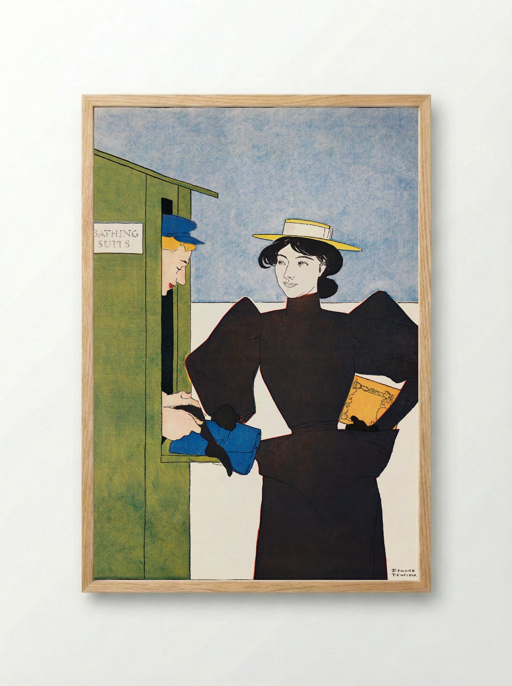 Woman Picking Up Bathing Suits - Edward Penfield - Framed Print Wood
