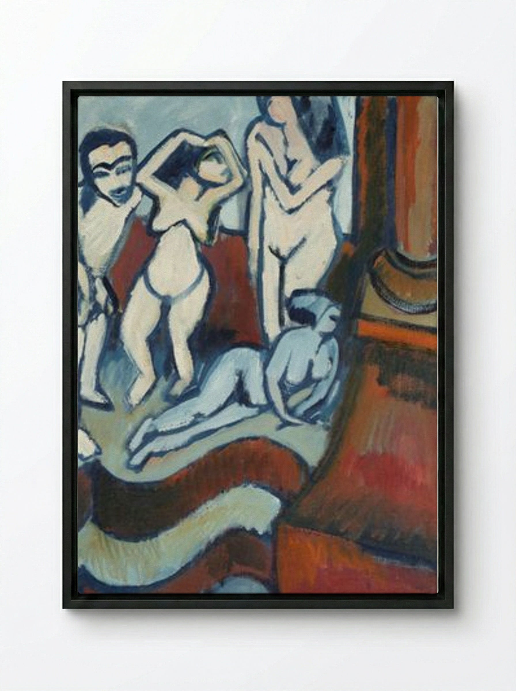 Four Wooden Sculptures - Ernst Ludwig Kirchner - Framed Canvas Black