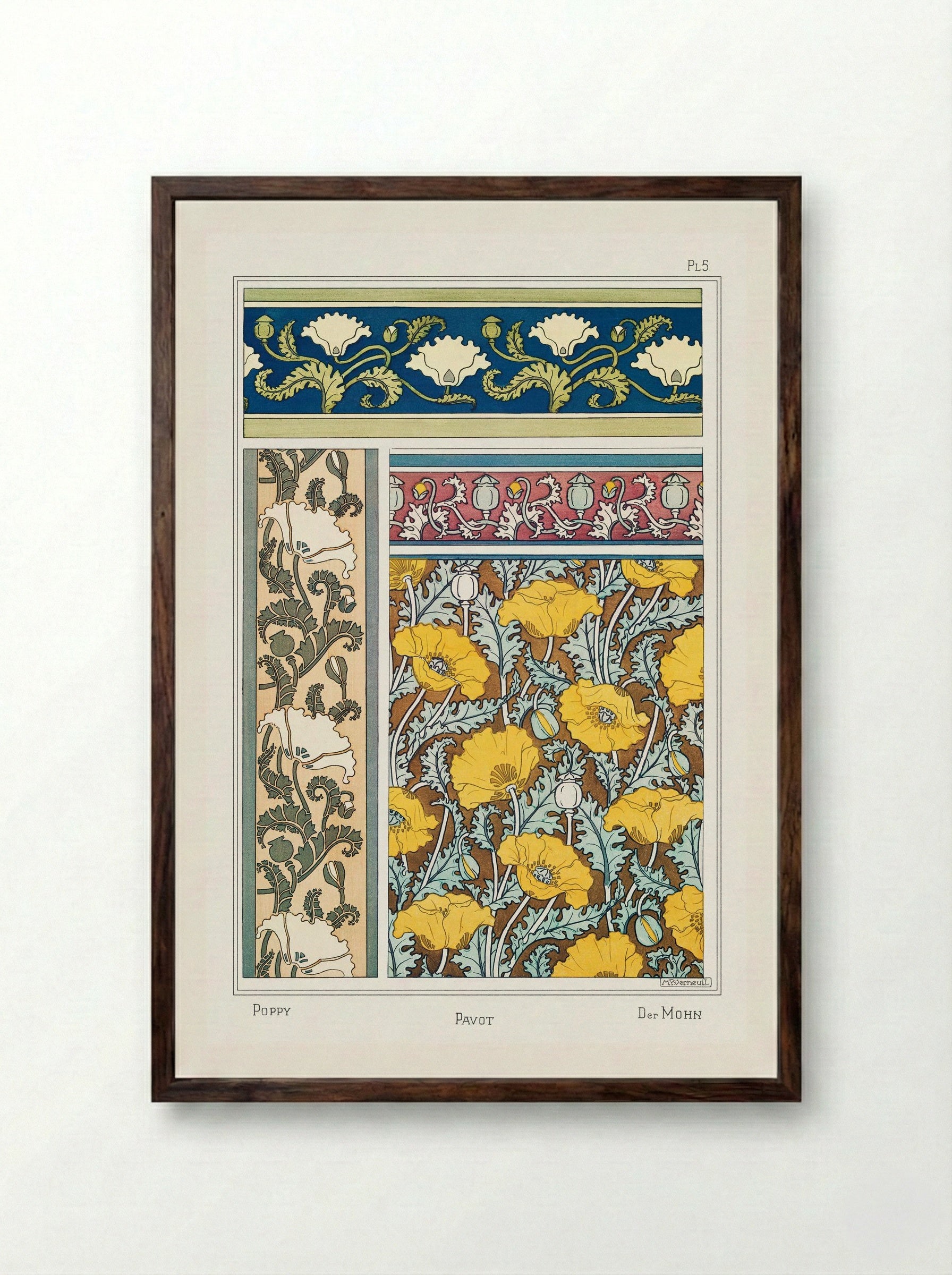 Pavot (Poppy) from La Plante et ses Applications ornementales - Maurice Pillard Verneuil - Framed Print Dark Wood