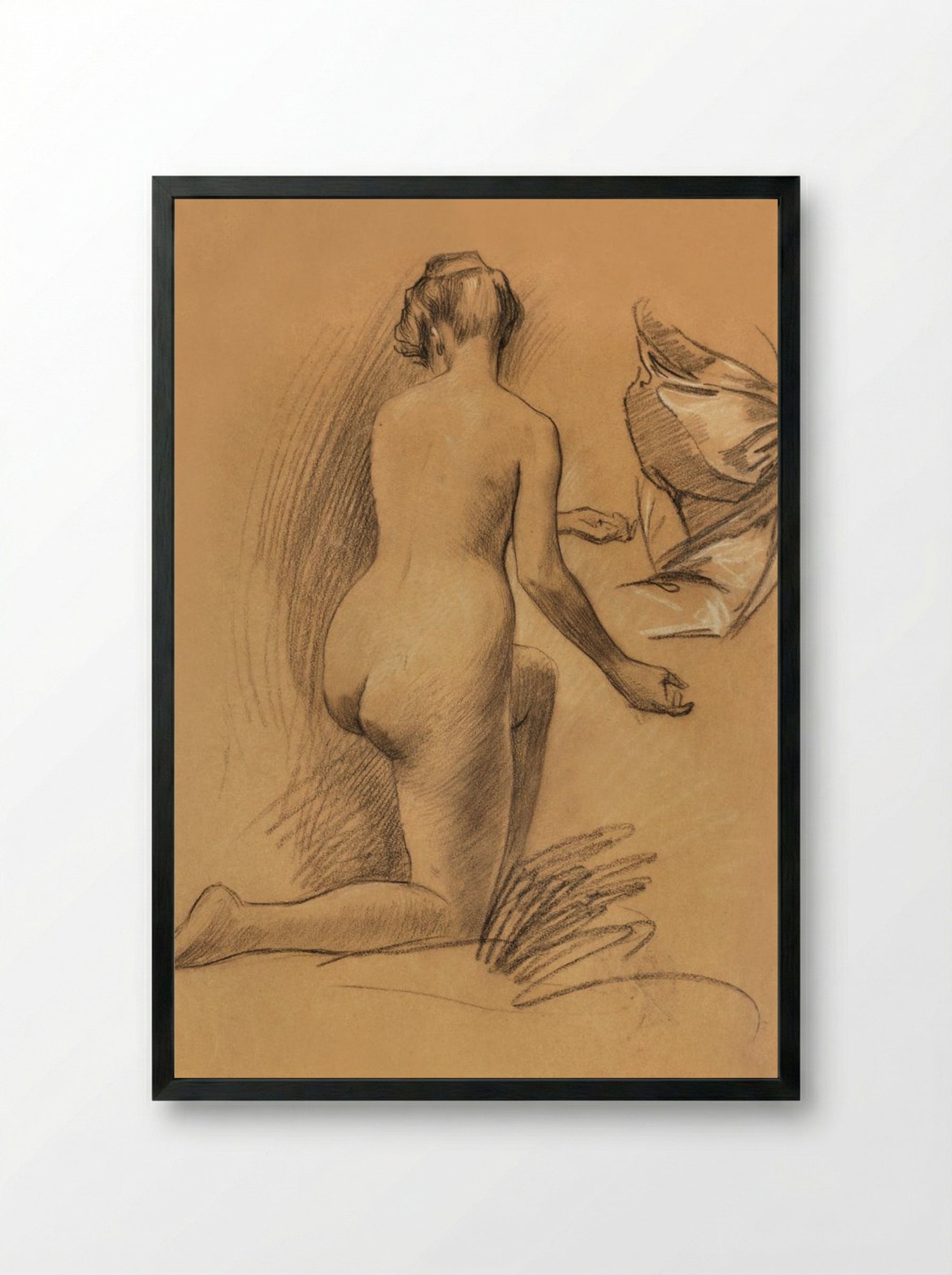 Study of Kneeling Nude Figure - Louis Schaettle - Framed Print Black
