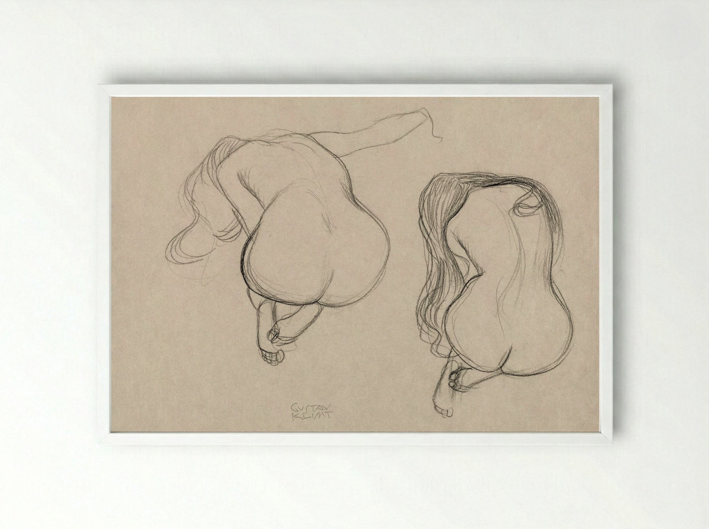 Two Studies of a Seated Nude with Long Hair - Gustav Klimt - Framed Print White