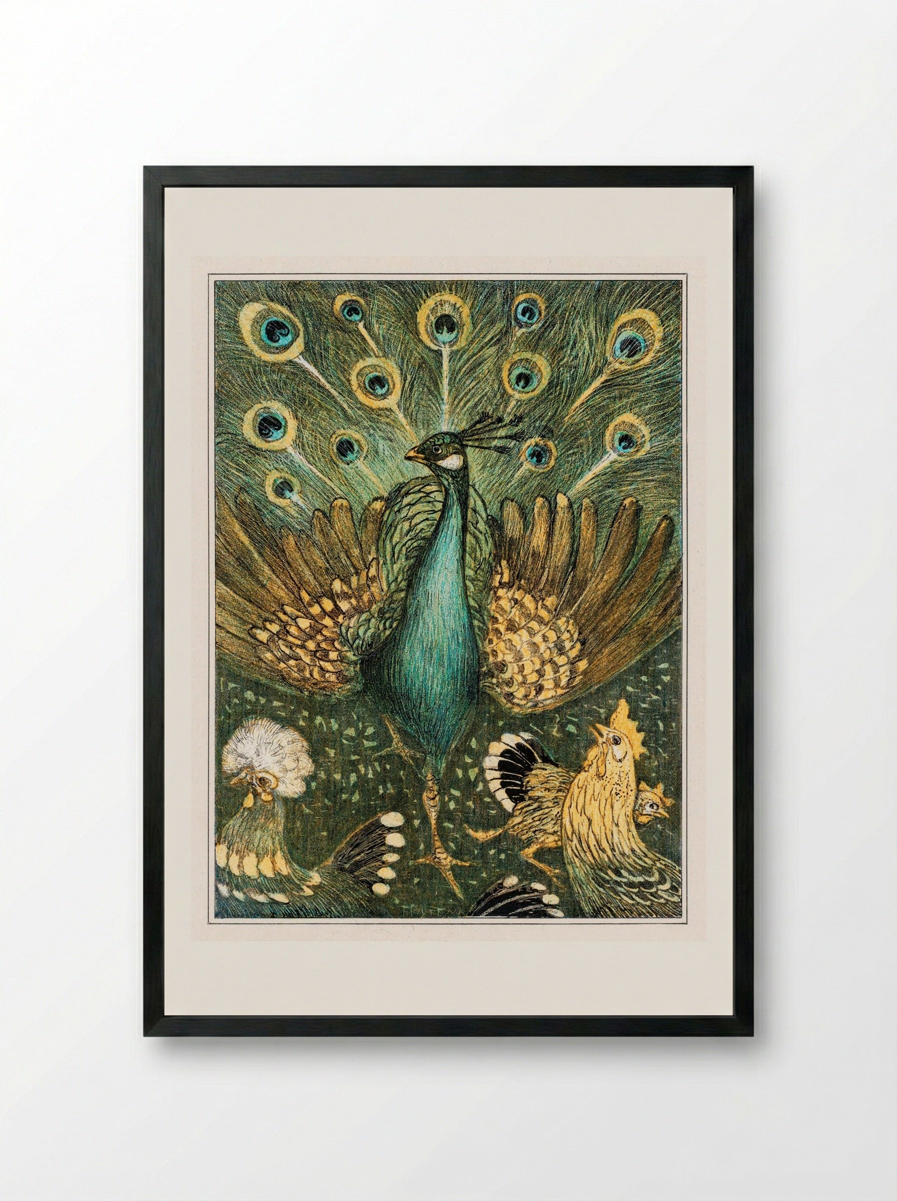 Peacock with Chickens - Theo van Hoytema - Framed Print Black
