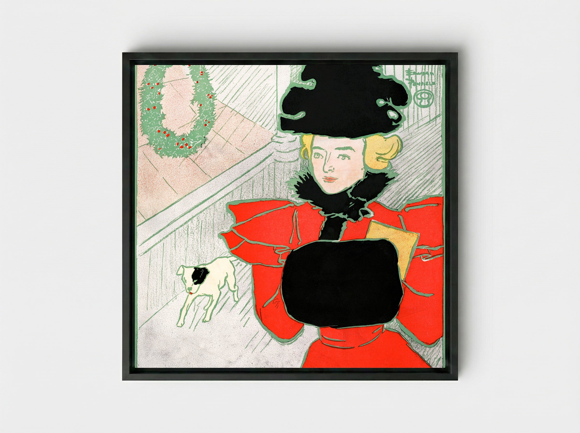 Vintage Christmas Card - Edward Penfield - Framed Canvas Black