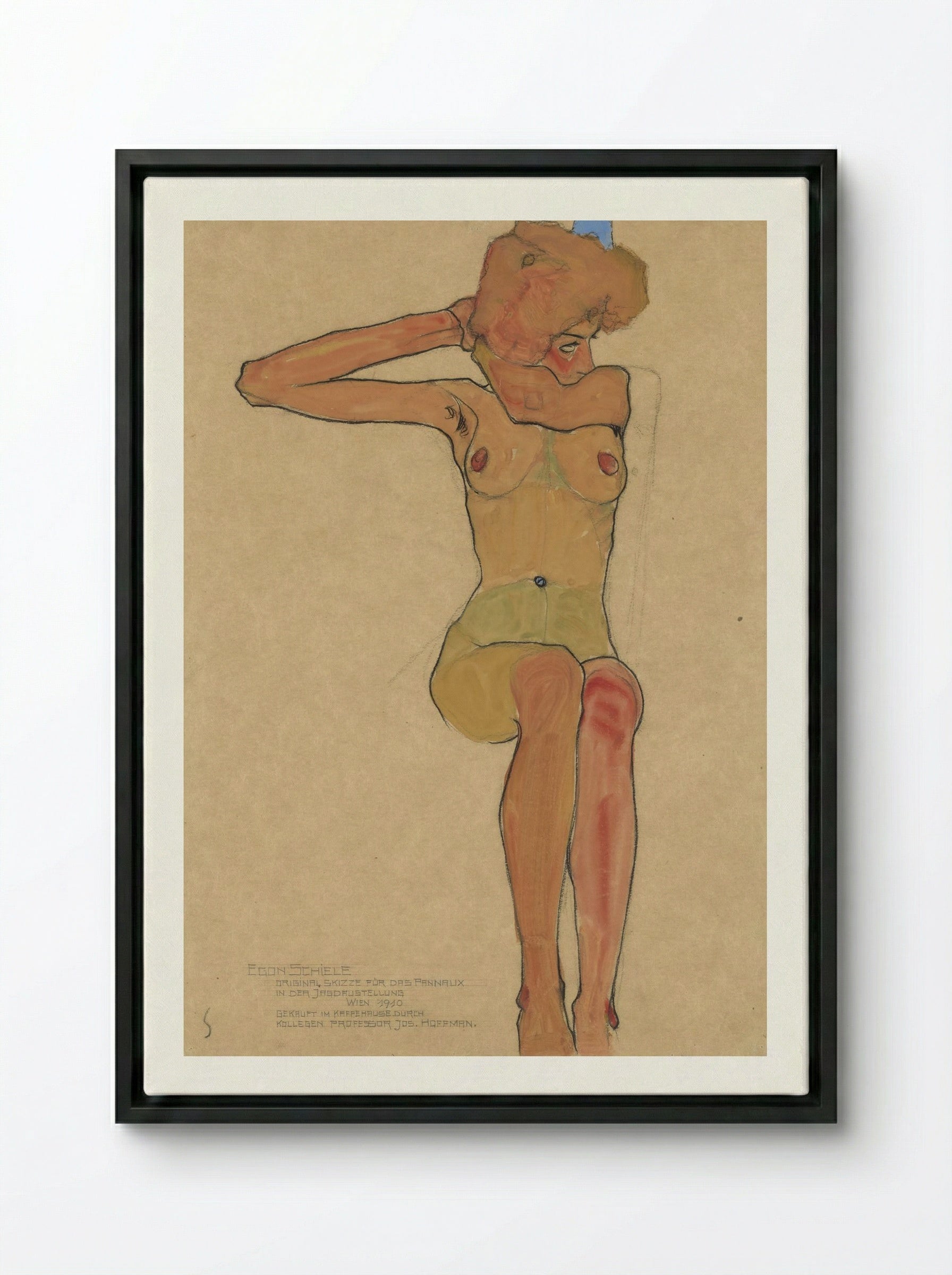 Mädchenakt Gertrude (Seated Nude) - Egon Schiele - Framed Canvas Black