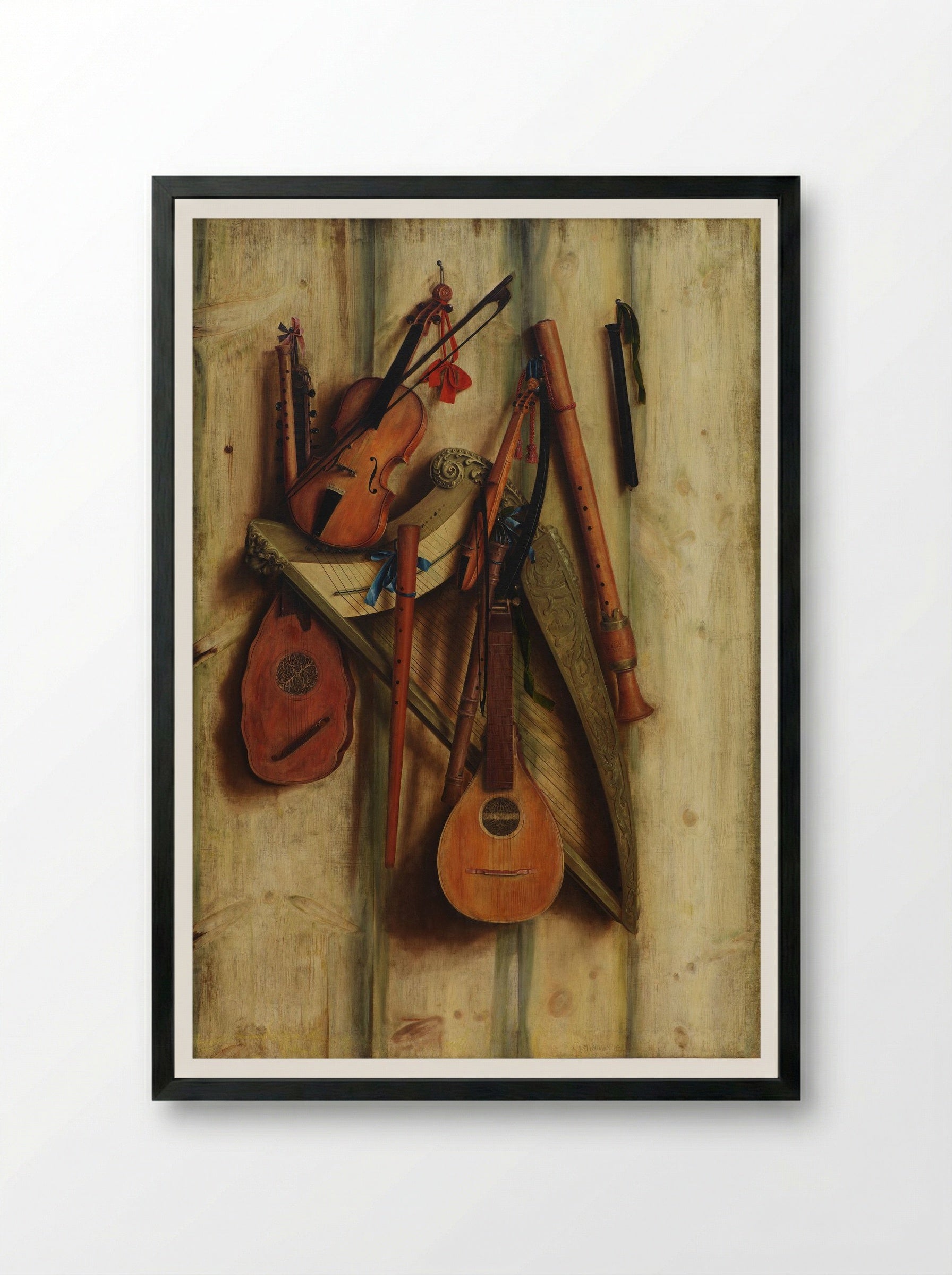 Board Wall with Musical Instruments (Trompe l'Oeil) - Franciscus Gijsbrechts - Framed Print Black