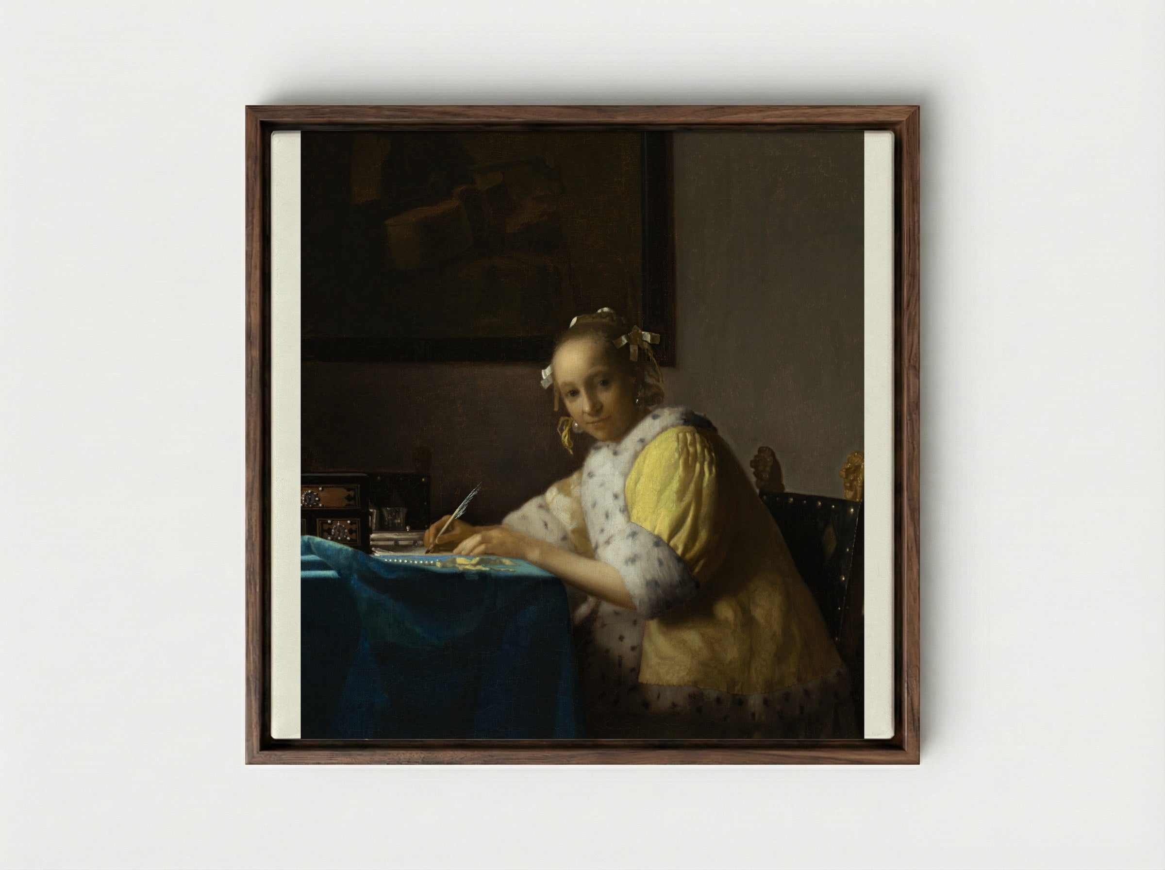 A Lady Writing a Letter - Johannes Vermeer - Framed Canvas Dark Wood