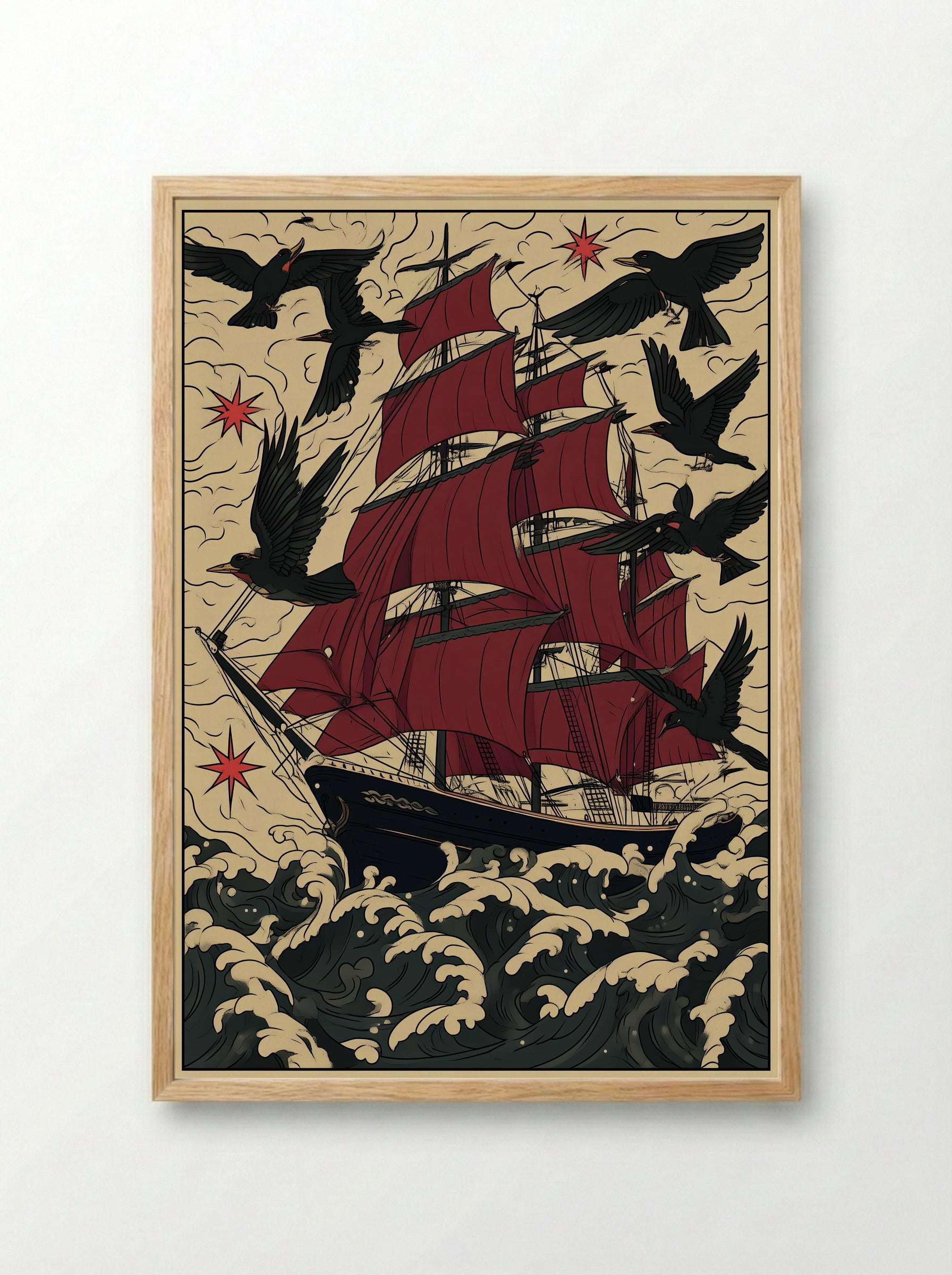 Tall Ship in Stormy Seas - Nautical Tattoo Inspired Print - Framed Print Wood