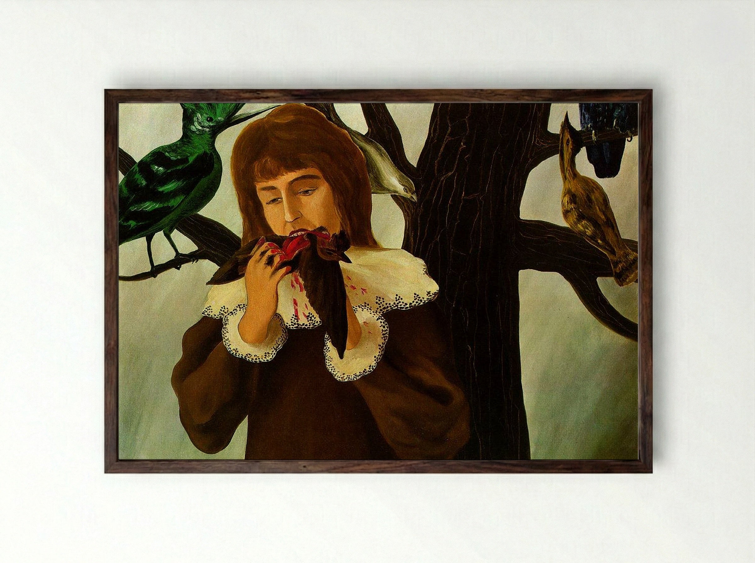 Young Girl Eating a Bird (The Pleasure) - René Magritte - Framed Print Dark Wood