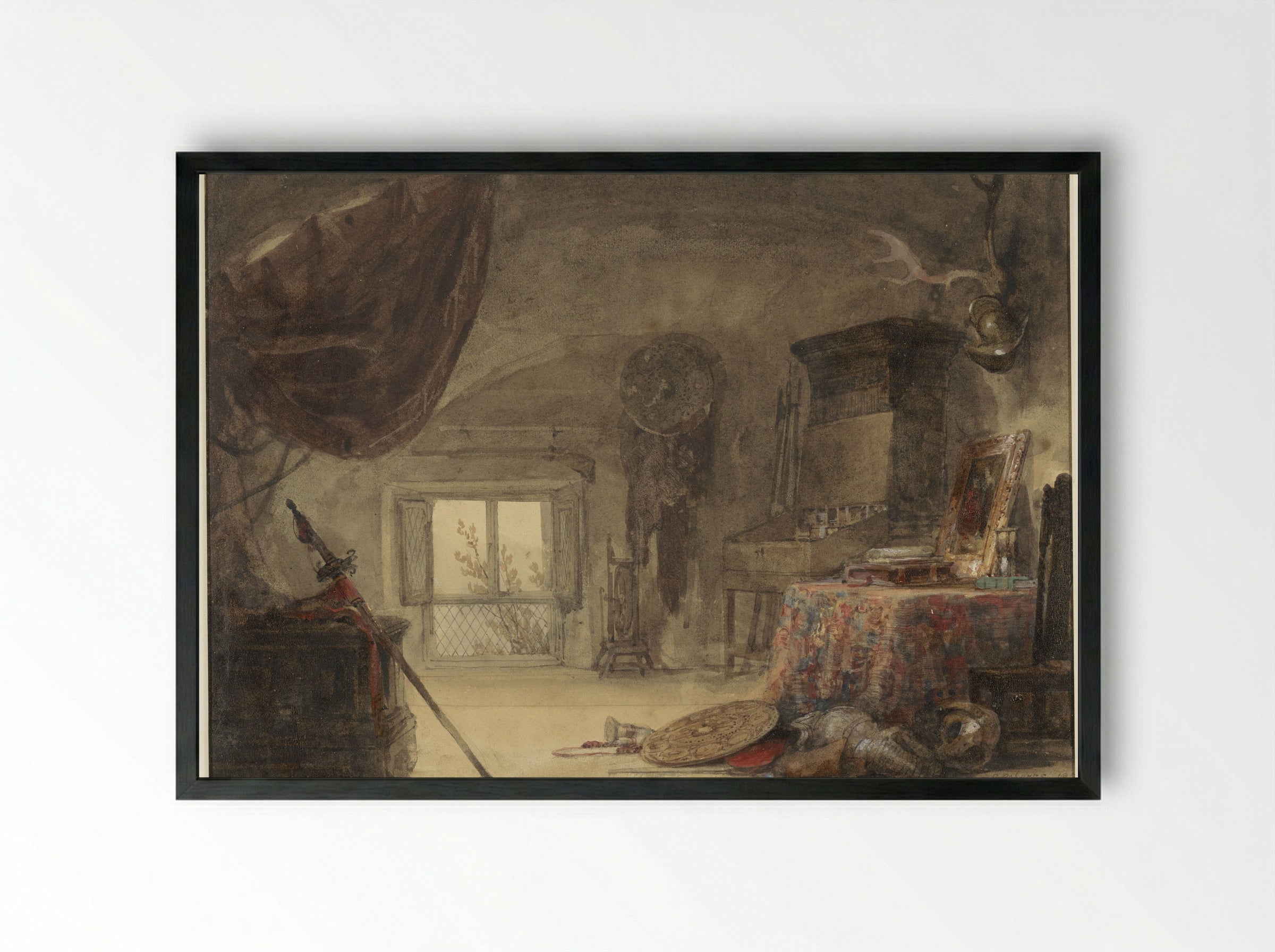 Zoldervertrek, ingericht als atelier (David Roberts) - David Roberts - Framed Print Black