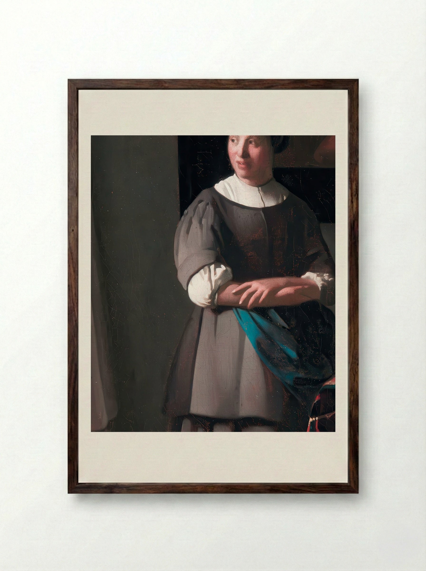 Lady Writing a Letter with her Maid - Johannes Vermeer - Framed Print Dark Wood