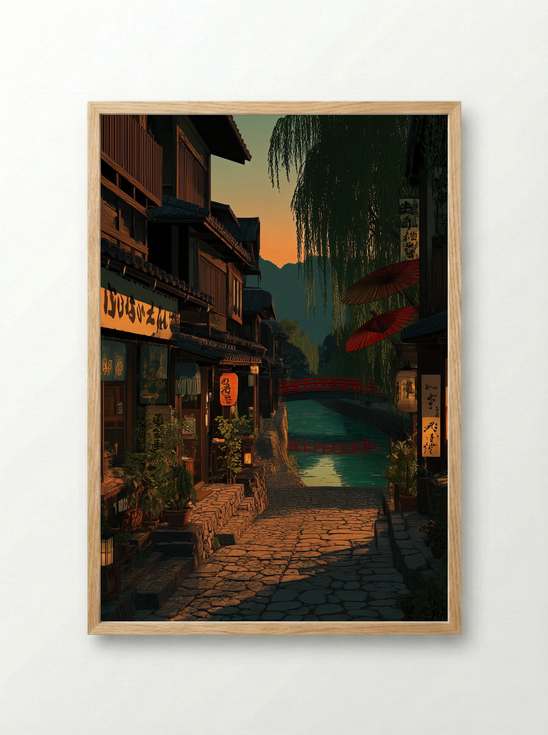 Twilight on the Kamo River: A Kyoto Evening - Framed Print Wood