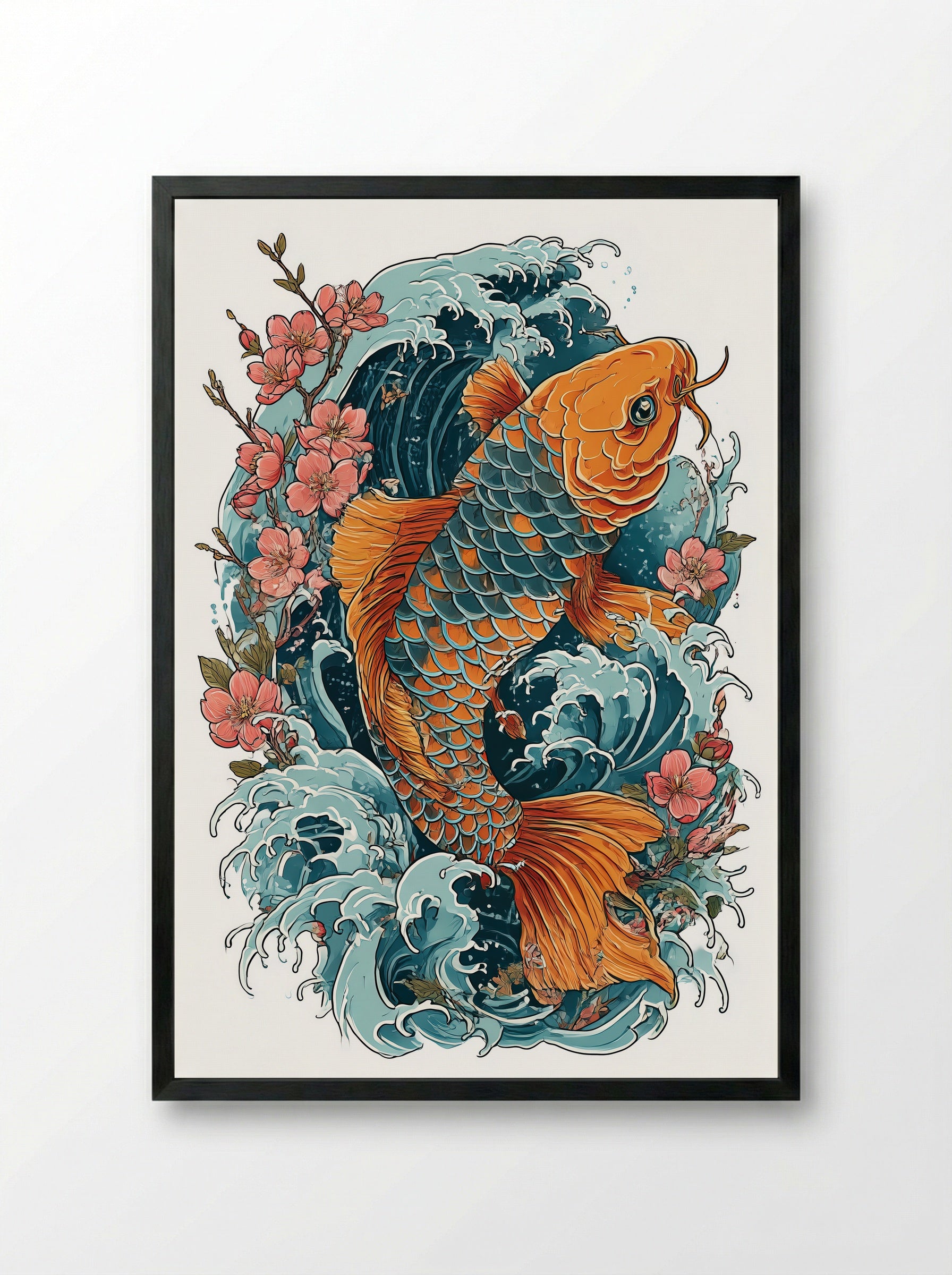 Koi Fish and Cherry Blossoms - Japanese Symbolic Art Print - Framed Print Black