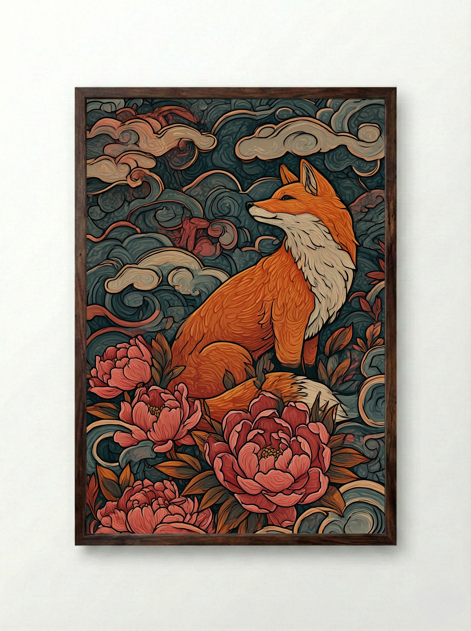 Fox Among Peonies - Japanese Inspired Art Print - Framed Print Dark Wood