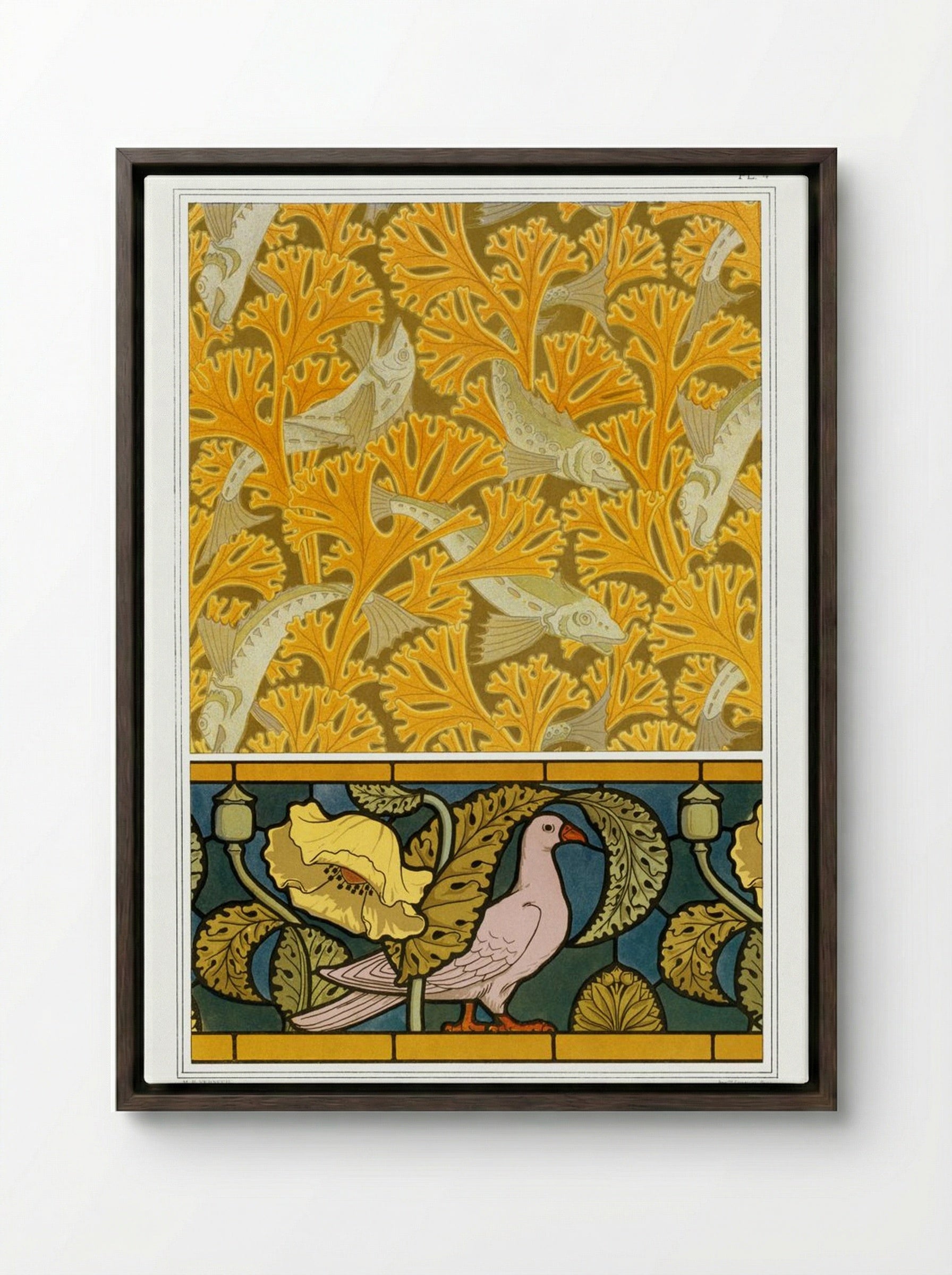 Poisson et Algues, Papier Peint; Pigeon et Pavots, Bordure de Vitrail - Maurice Pillard Verneuil - Framed Canvas Dark Wood