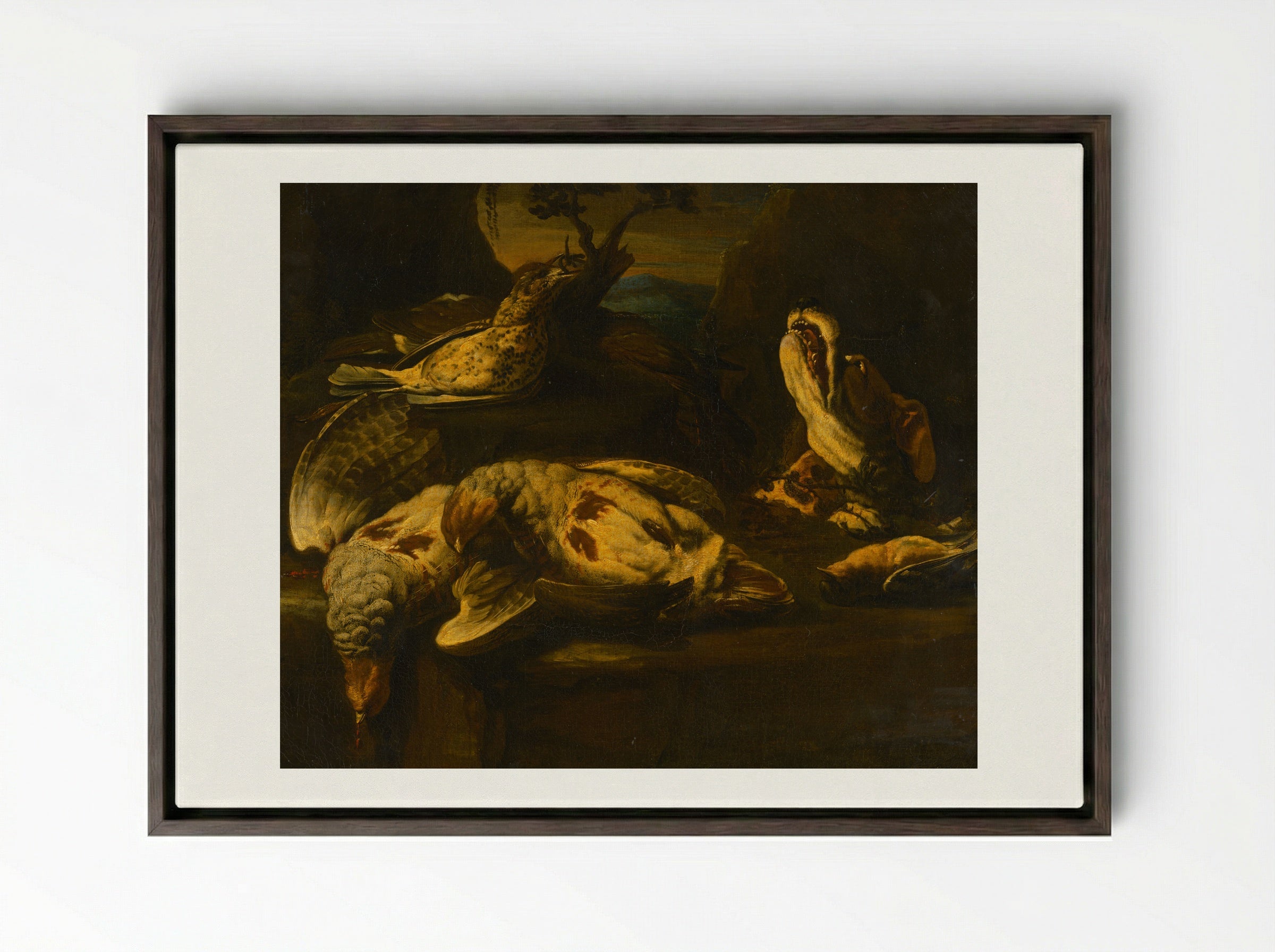 Hunting Still Life with Birds and Dog - Fine Art Print - Framed Canvas Dark Wood