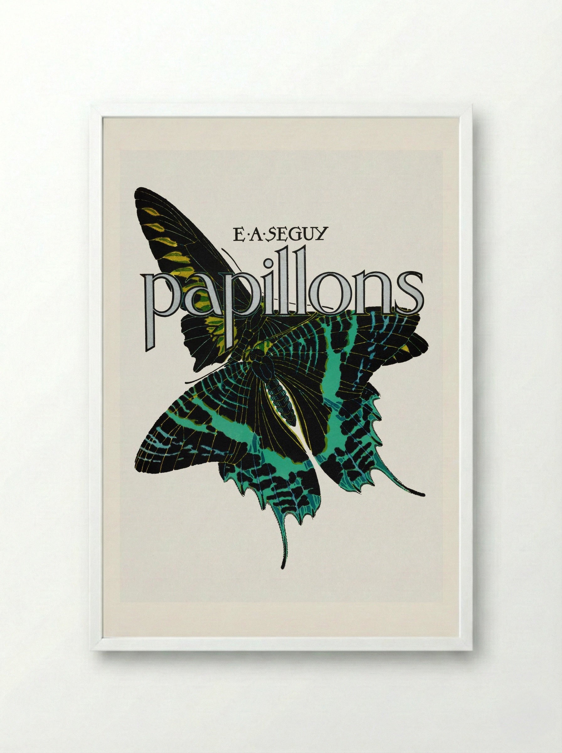 Papillons, Plate No. 1 (Teal and Black Butterfly) - Émile-Allain Séguy - Framed Print White