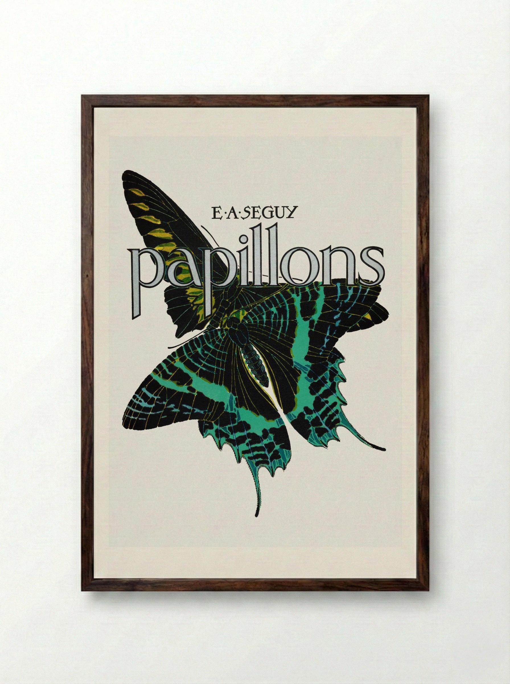 Papillons, Plate No. 1 (Teal and Black Butterfly) - Émile-Allain Séguy - Framed Print Dark Wood