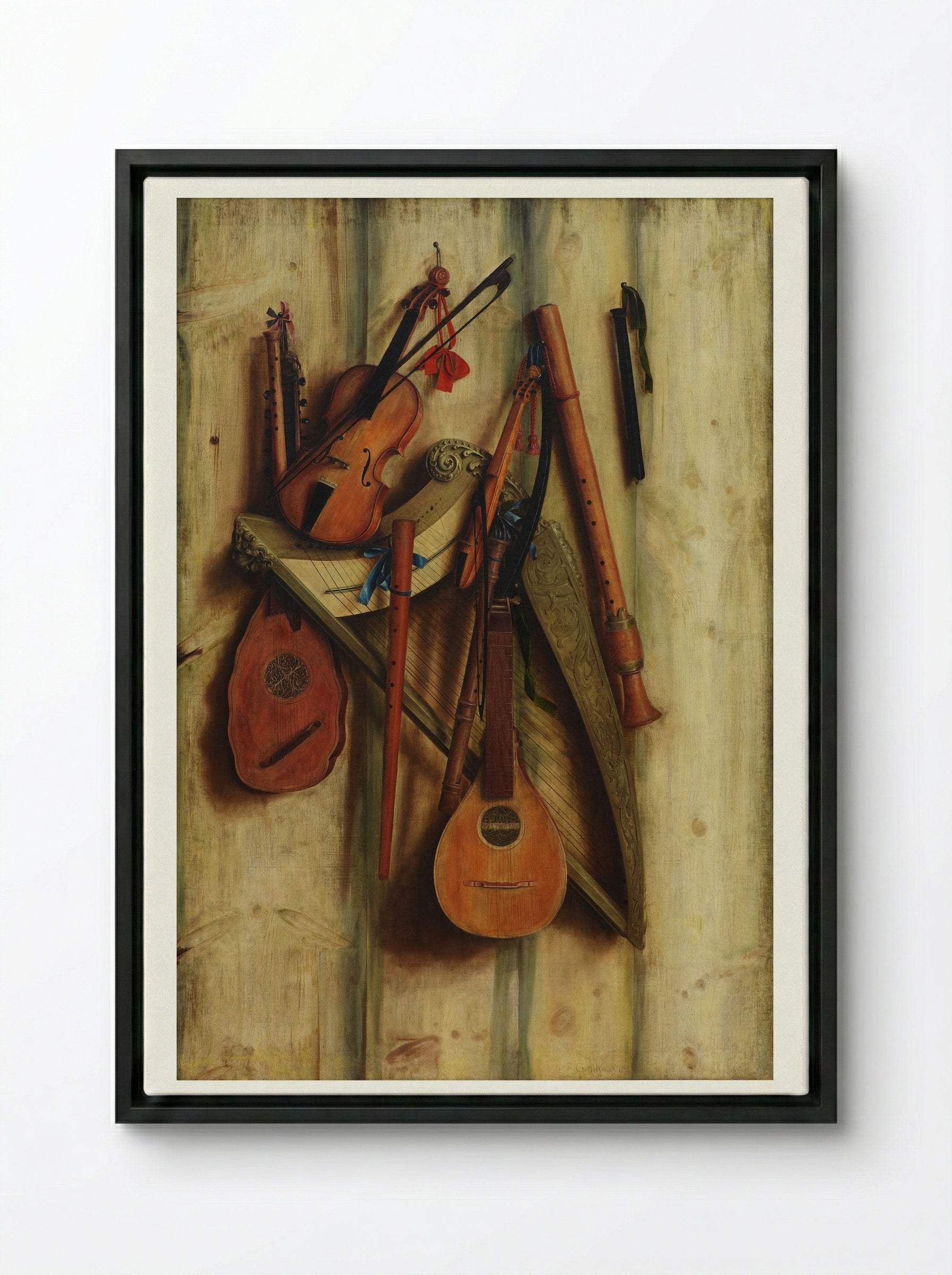 Board Wall with Musical Instruments (Trompe l'Oeil) - Franciscus Gijsbrechts - Framed Canvas Black