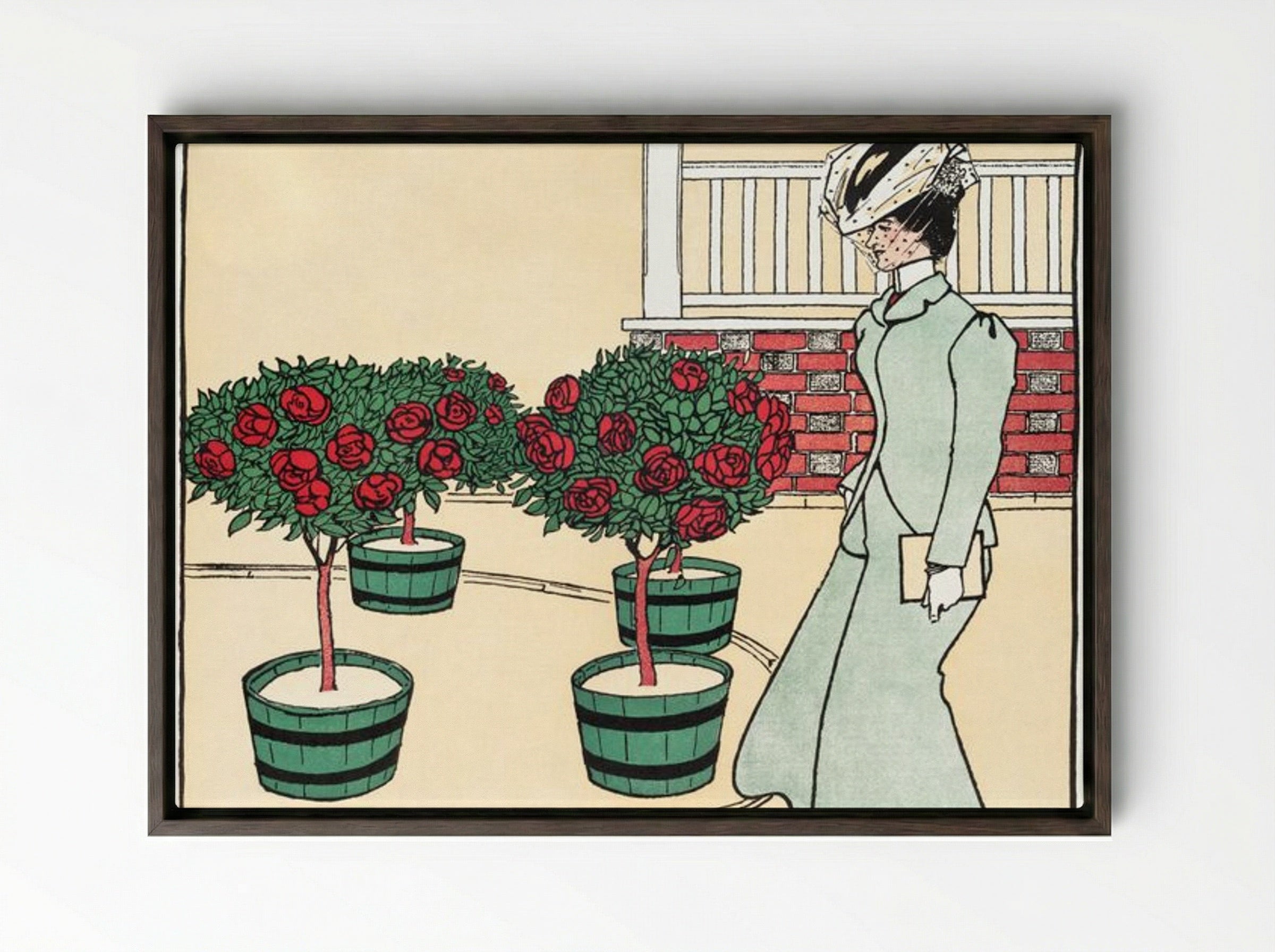 Woman in Rose Garden - Edward Penfield - Framed Canvas Dark Wood
