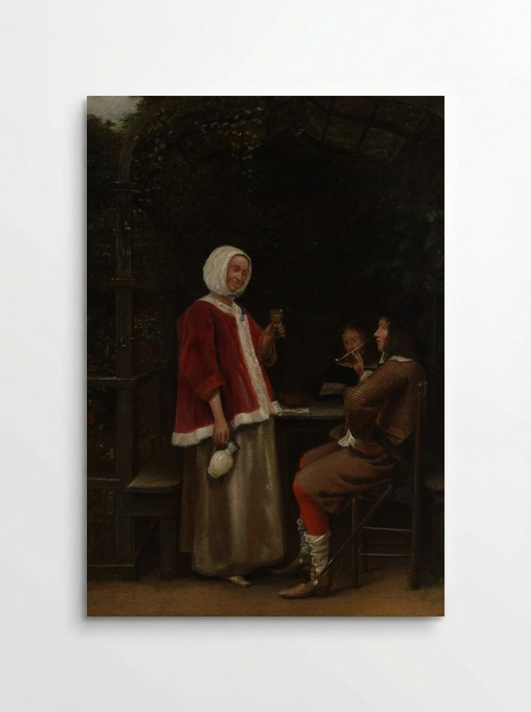 A Woman and Two Men in an Arbor - Pieter de Hooch - Poster