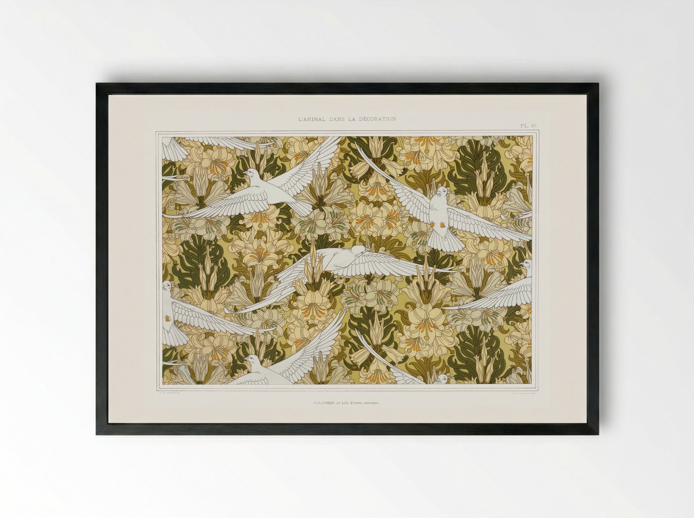 Colombes et Lis, Étoffe Imprimée (Doves and Lilies, Printed Fabric) - Maurice Pillard Verneuil - Framed Print Black