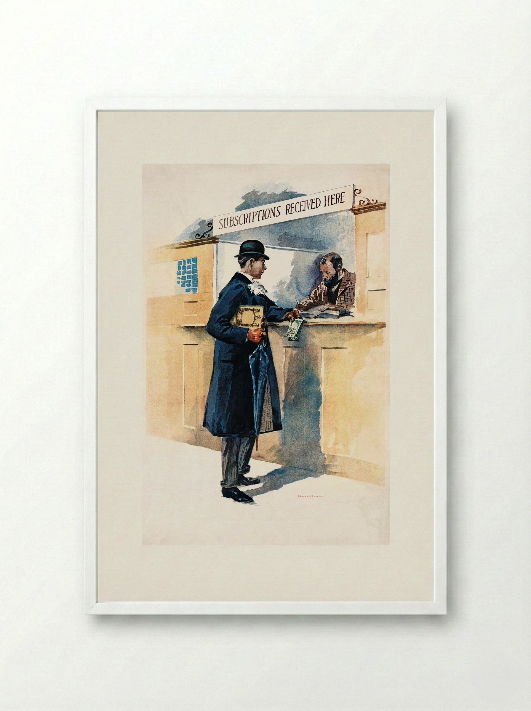 Man Getting Subscriptions - Edward Penfield - Framed Print White