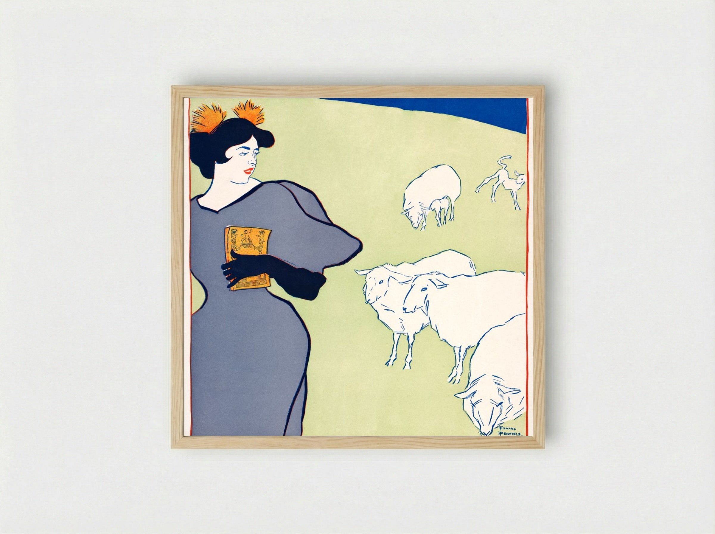 Woman and Sheep - Edward Penfield - Framed Print Wood