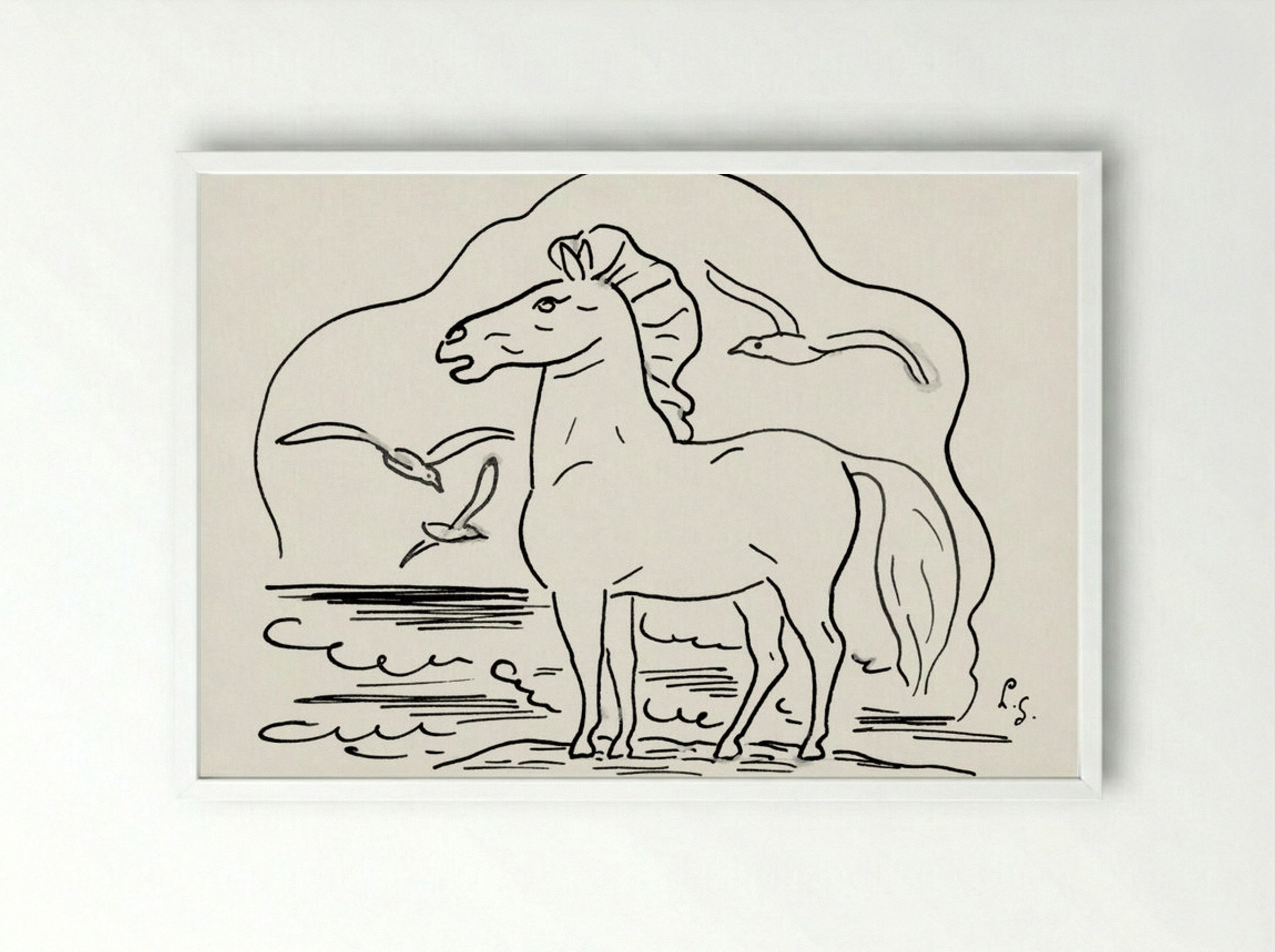 Horse in the Surf with Three Seagulls - Leo Gestel - Framed Print White