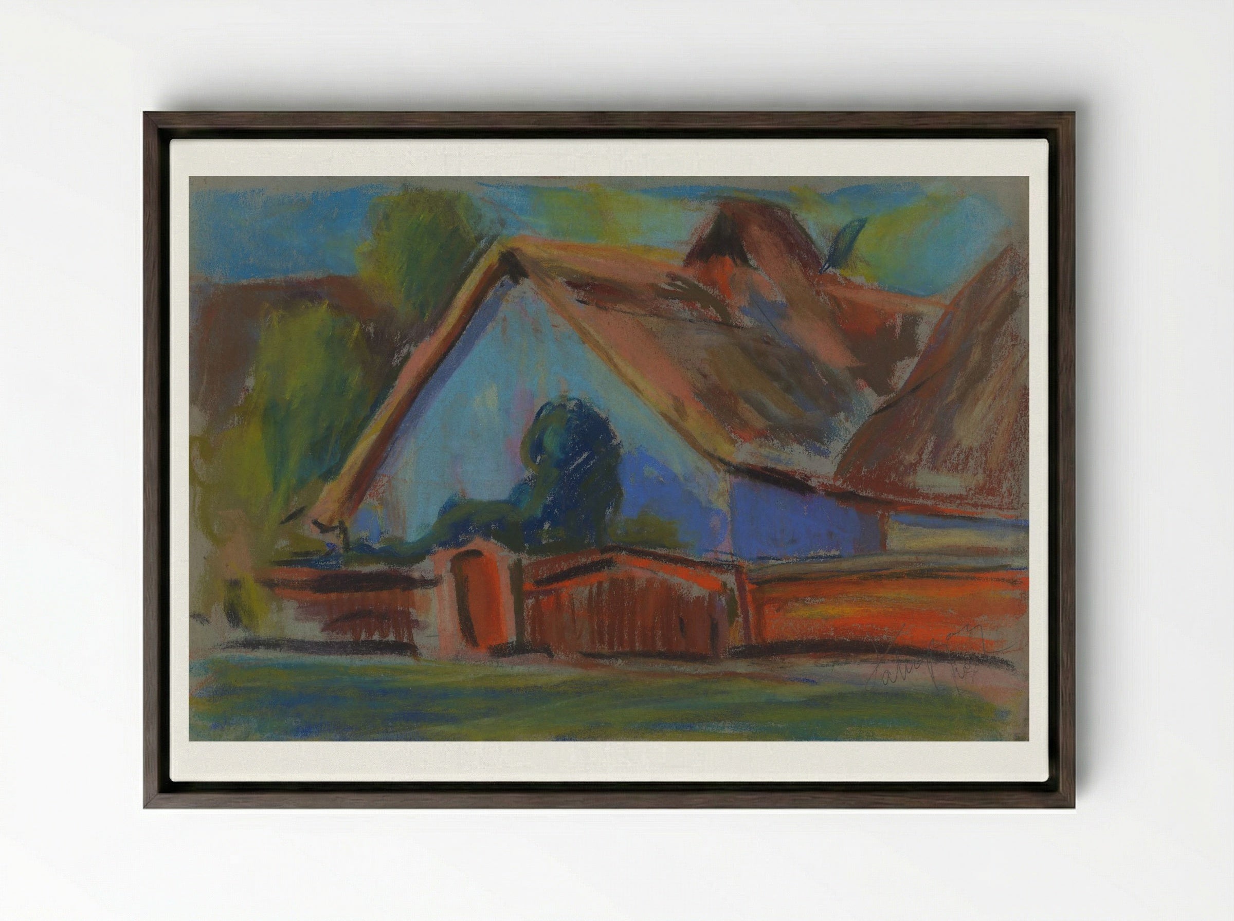 Blue Village Cottage - Zolo Palugyay - Framed Canvas Dark Wood