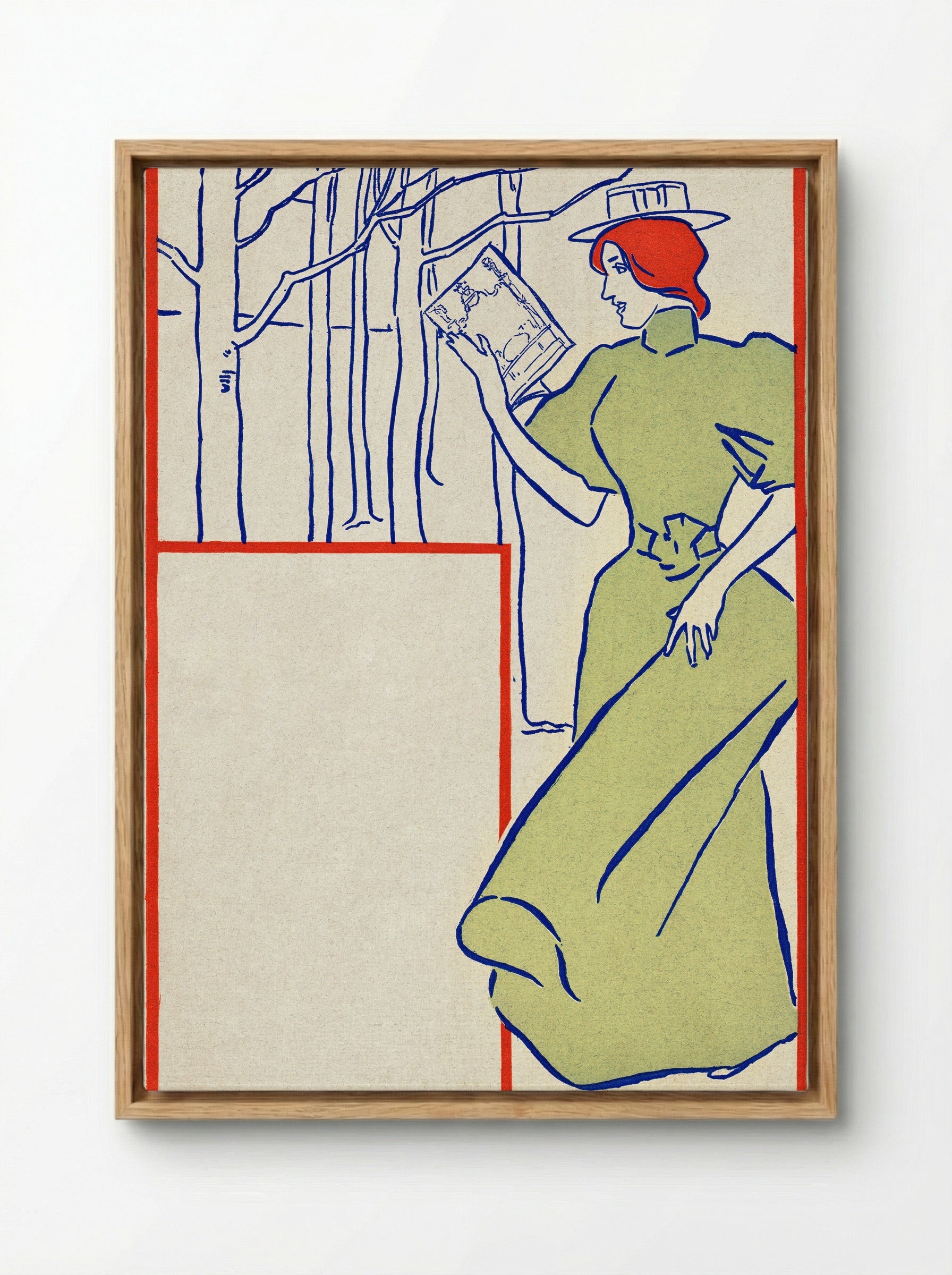 Woman in Green Dress Reading a Book - Edward Penfield - Framed Canvas Wood