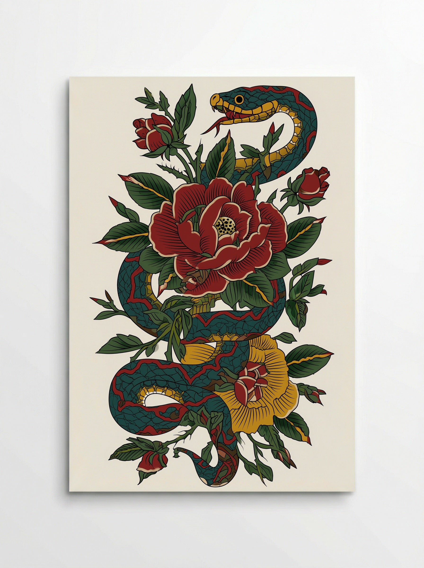Snake and Roses - Neo Traditional Tattoo Art Print - Poster
