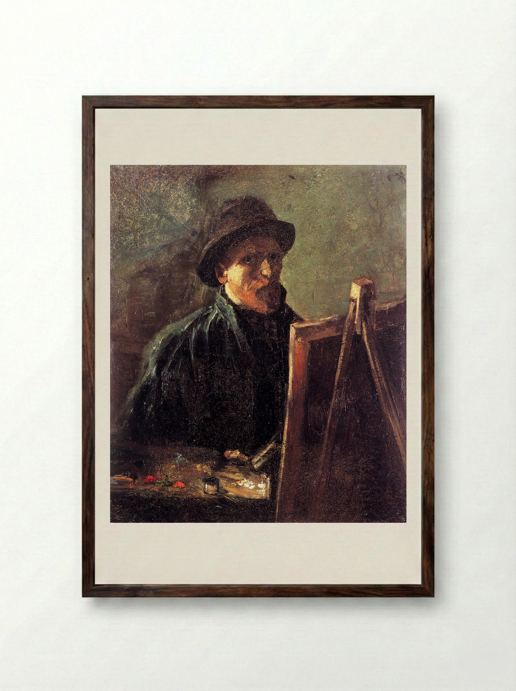 Self-Portrait with Dark Felt Hat at the Easel - Vincent van Gogh - Framed Print Dark Wood