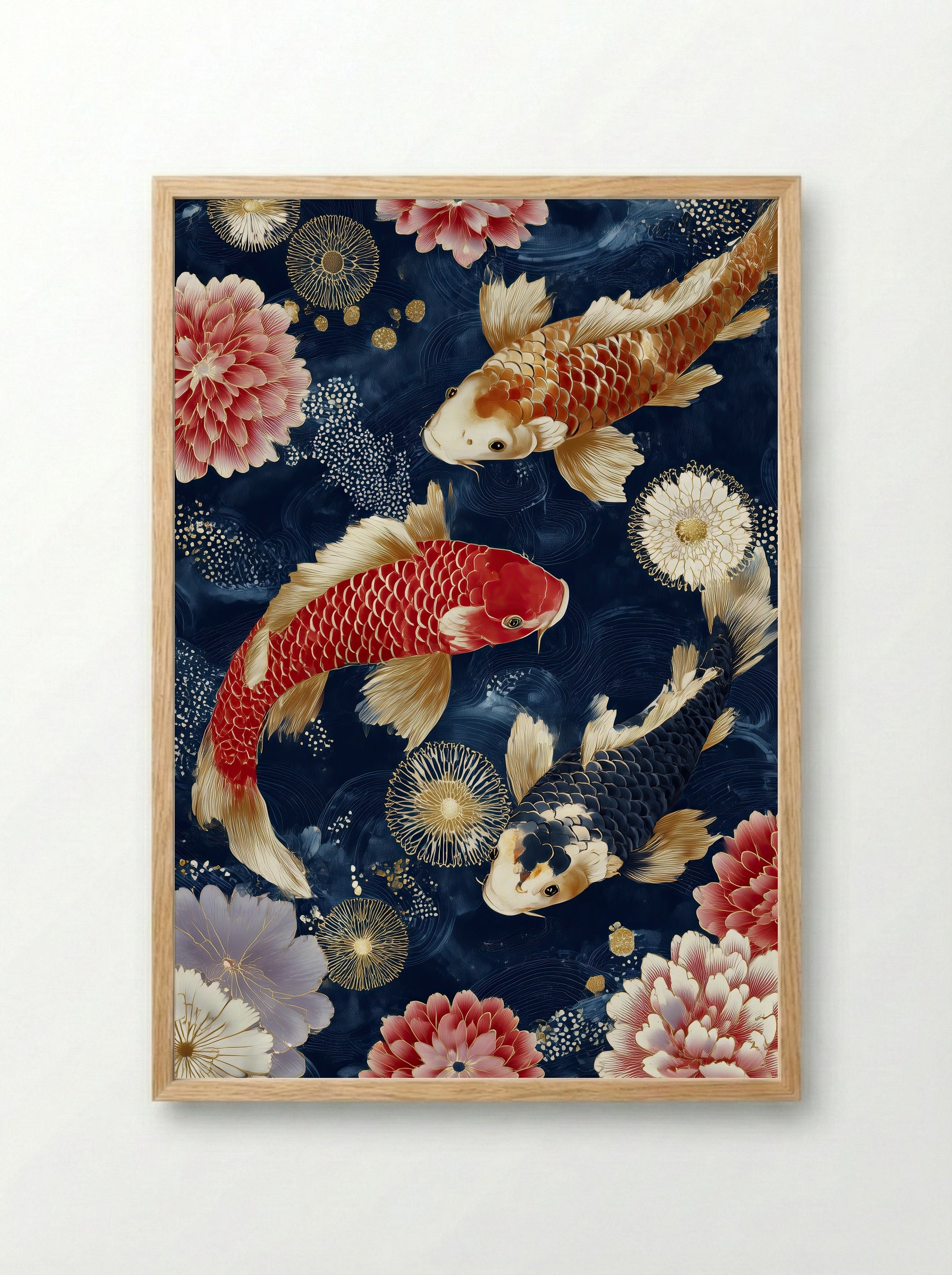 Trio of Koi Botanical Print in Crimson and Midnight - Framed Print Wood