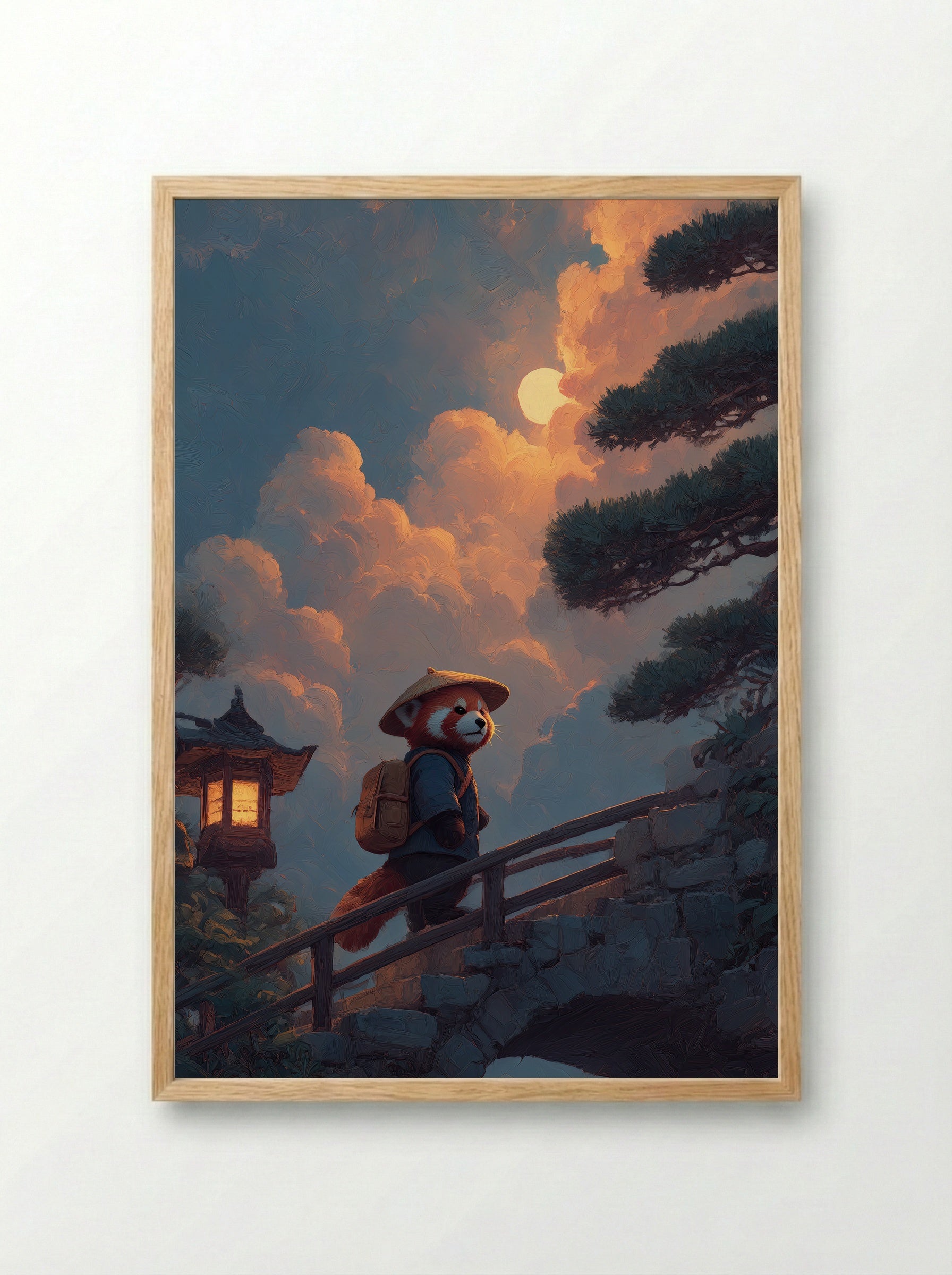 Evening Journey – Red Panda Lantern Walk Art Print - Framed Print Wood