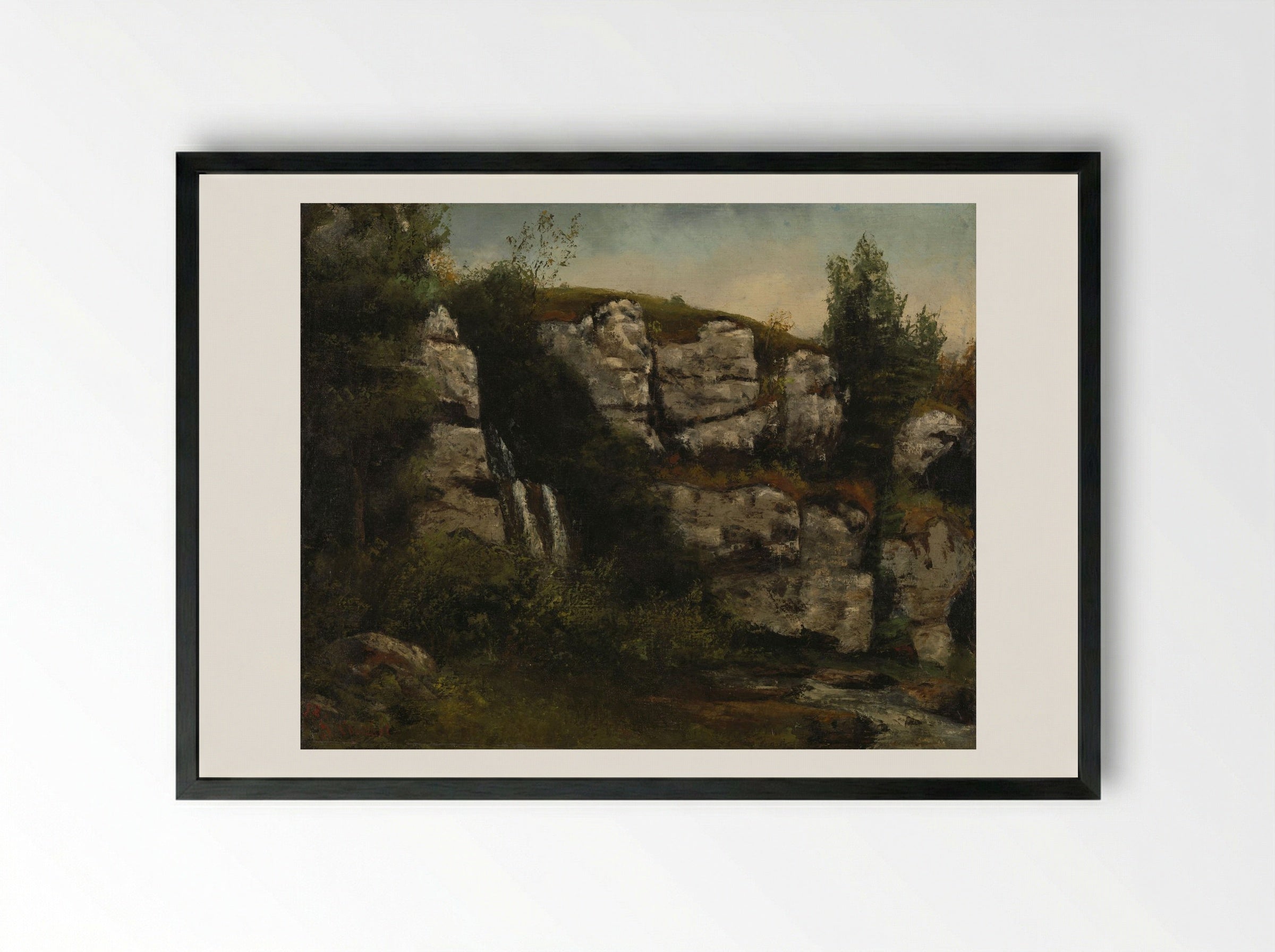 Landscape with Rocks and Waterfall - Gustave Courbet - Framed Print Black