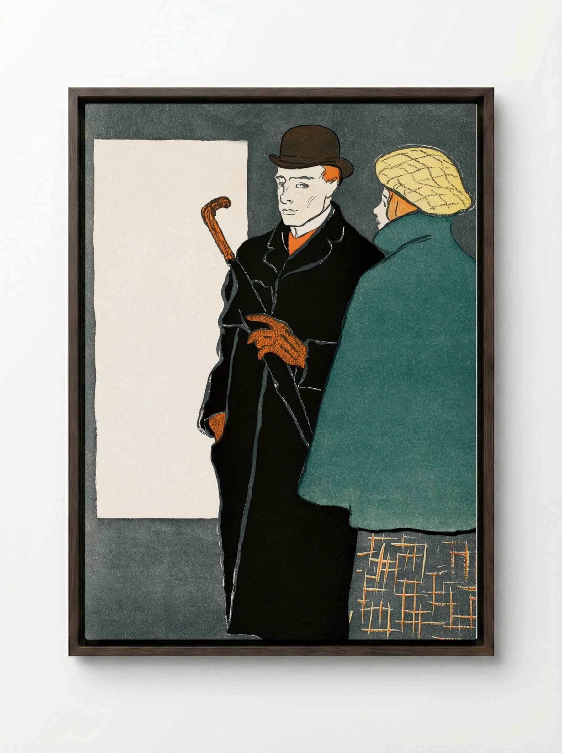 Man with Walking Stick and Woman - Edward Penfield - Framed Canvas Dark Wood