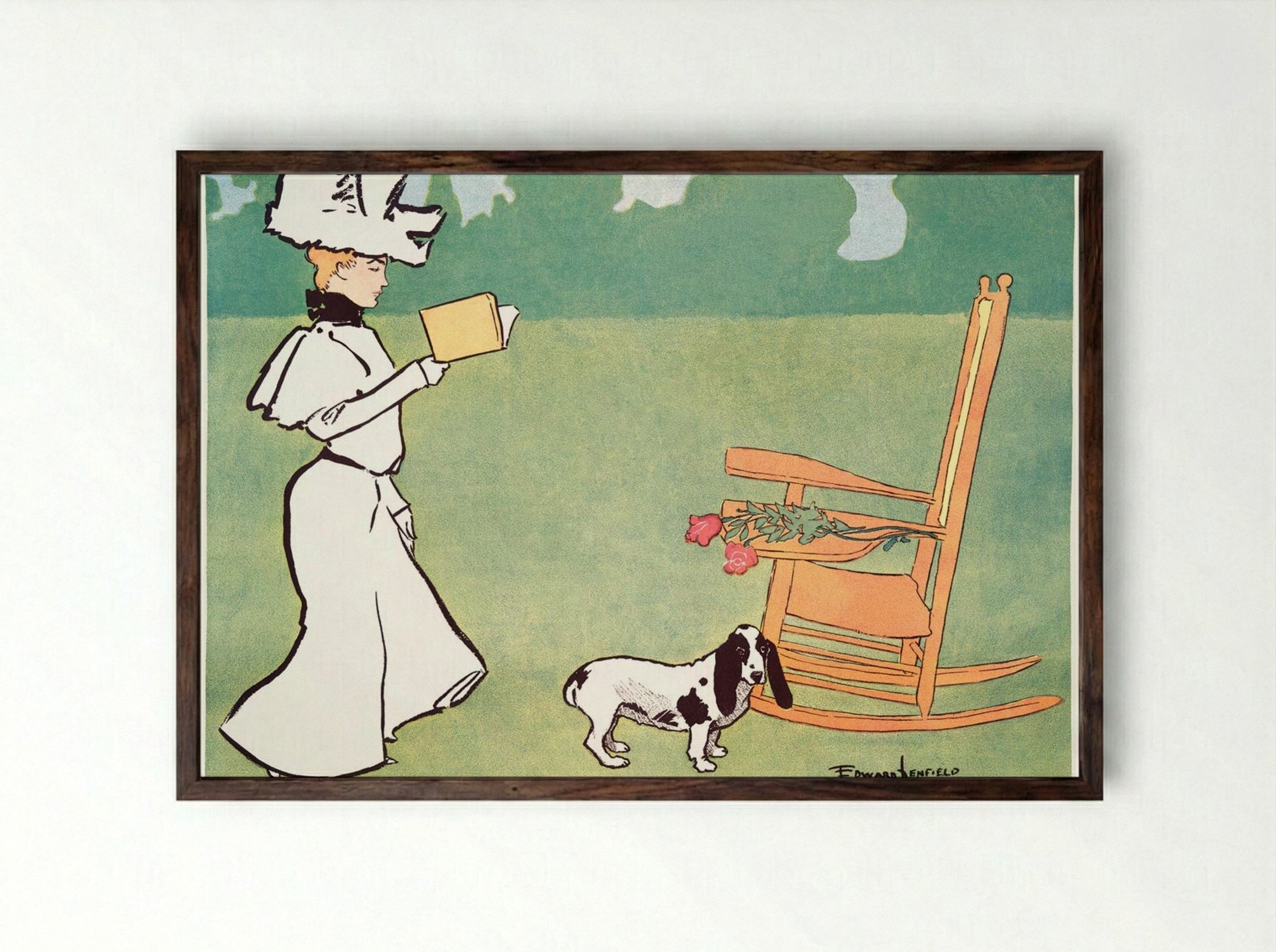Woman Reading in the Garden - Edward Penfield - Framed Print Dark Wood