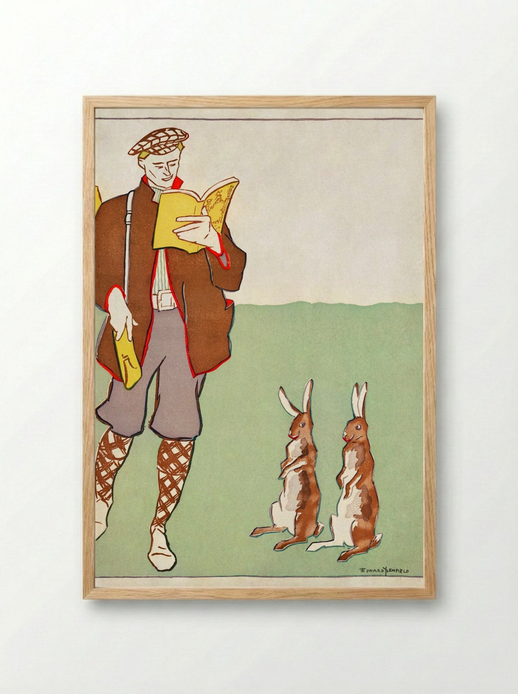 Man Reading a Book with Hares - Edward Penfield - Framed Print Wood