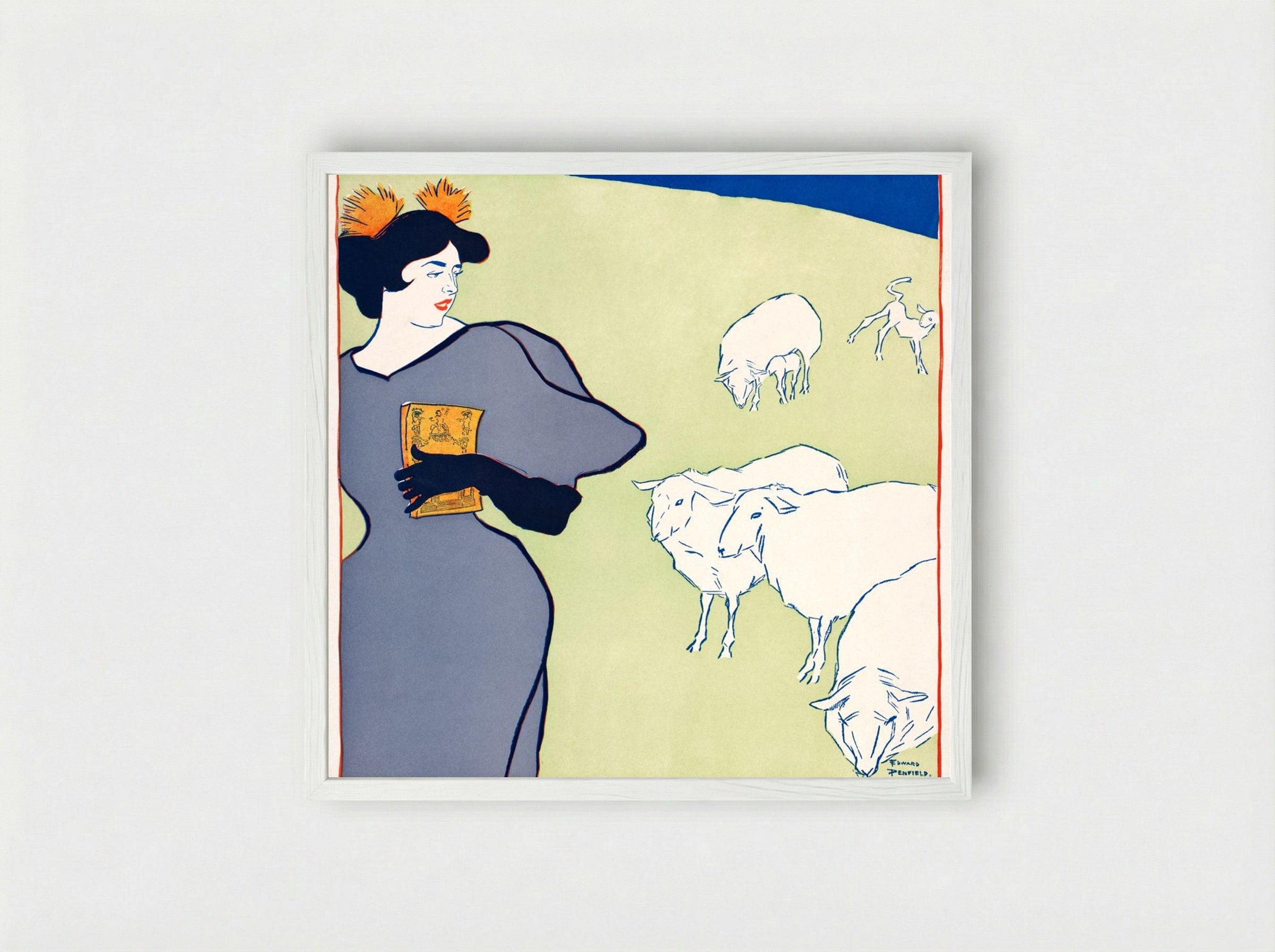Woman and Sheep - Edward Penfield - Framed Print White