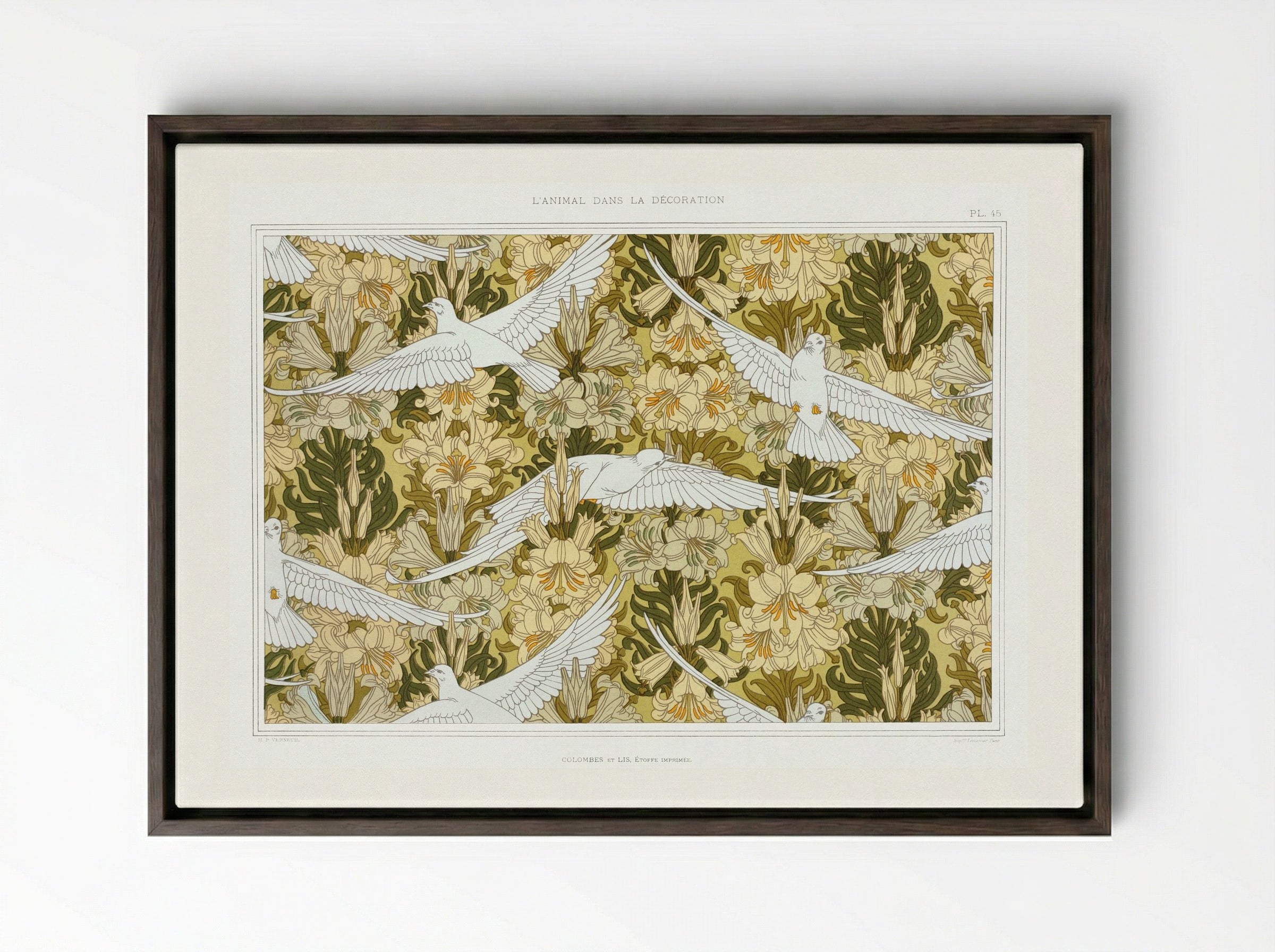 Colombes et Lis, Étoffe Imprimée (Doves and Lilies, Printed Fabric) - Maurice Pillard Verneuil - Framed Canvas Dark Wood