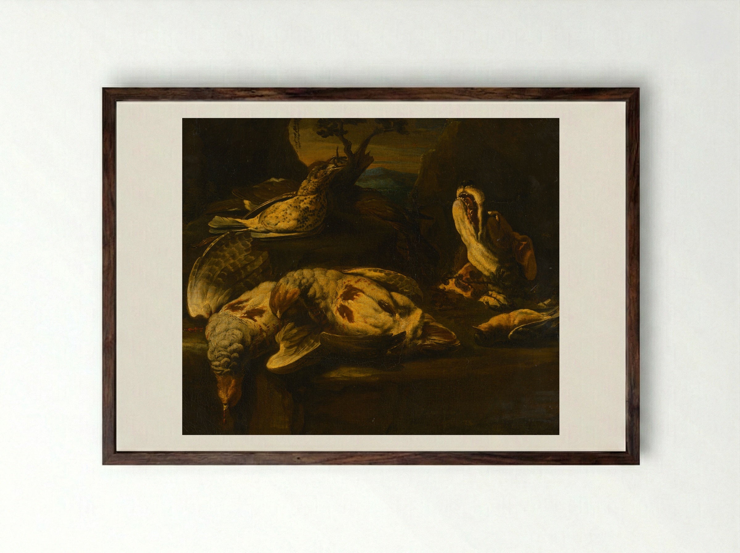 Hunting Still Life with Birds and Dog - Fine Art Print - Framed Print Dark Wood