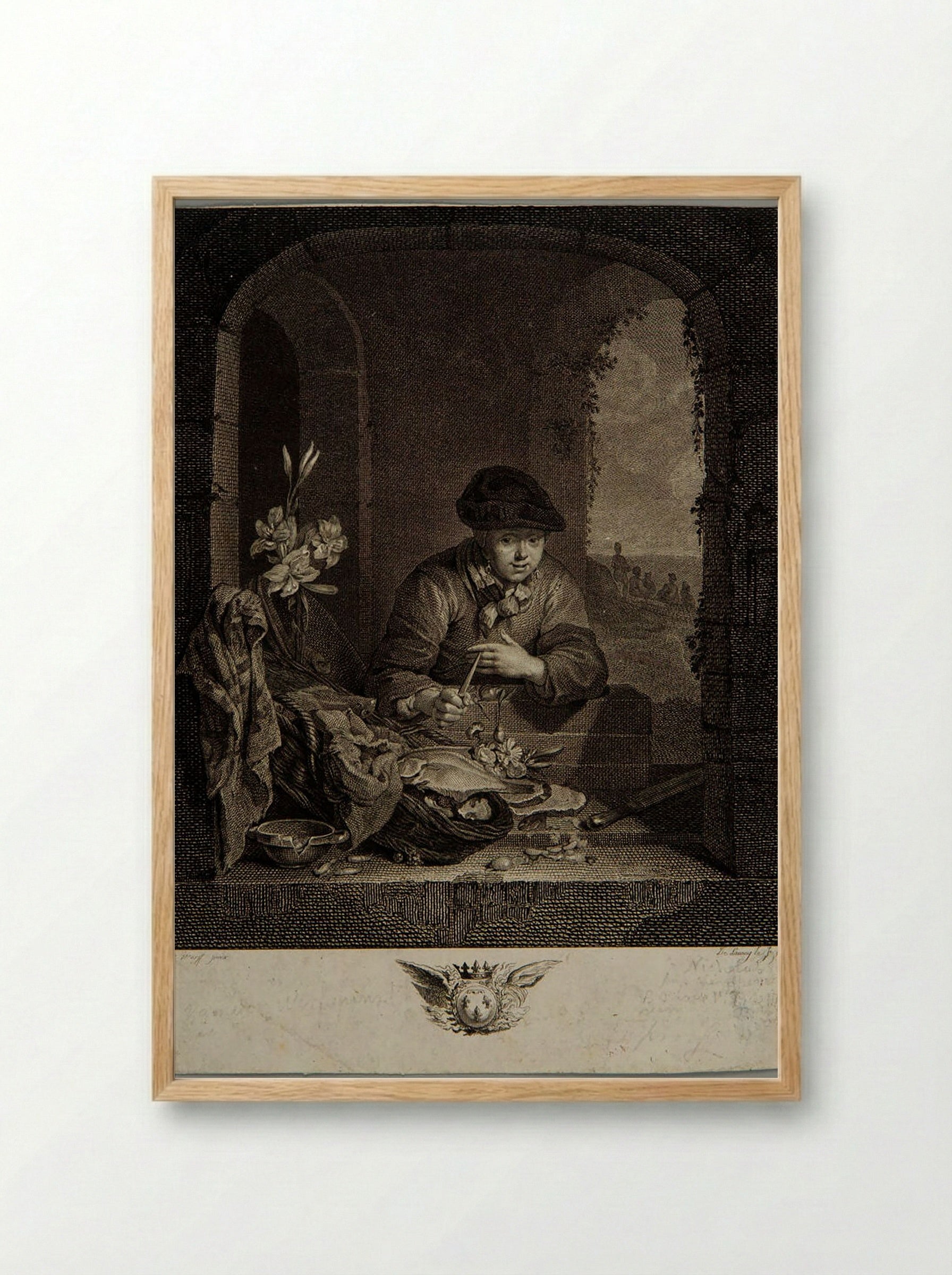 Woman with a Basket of Fish - Jacques-Philippe Le Bas - Framed Print Wood