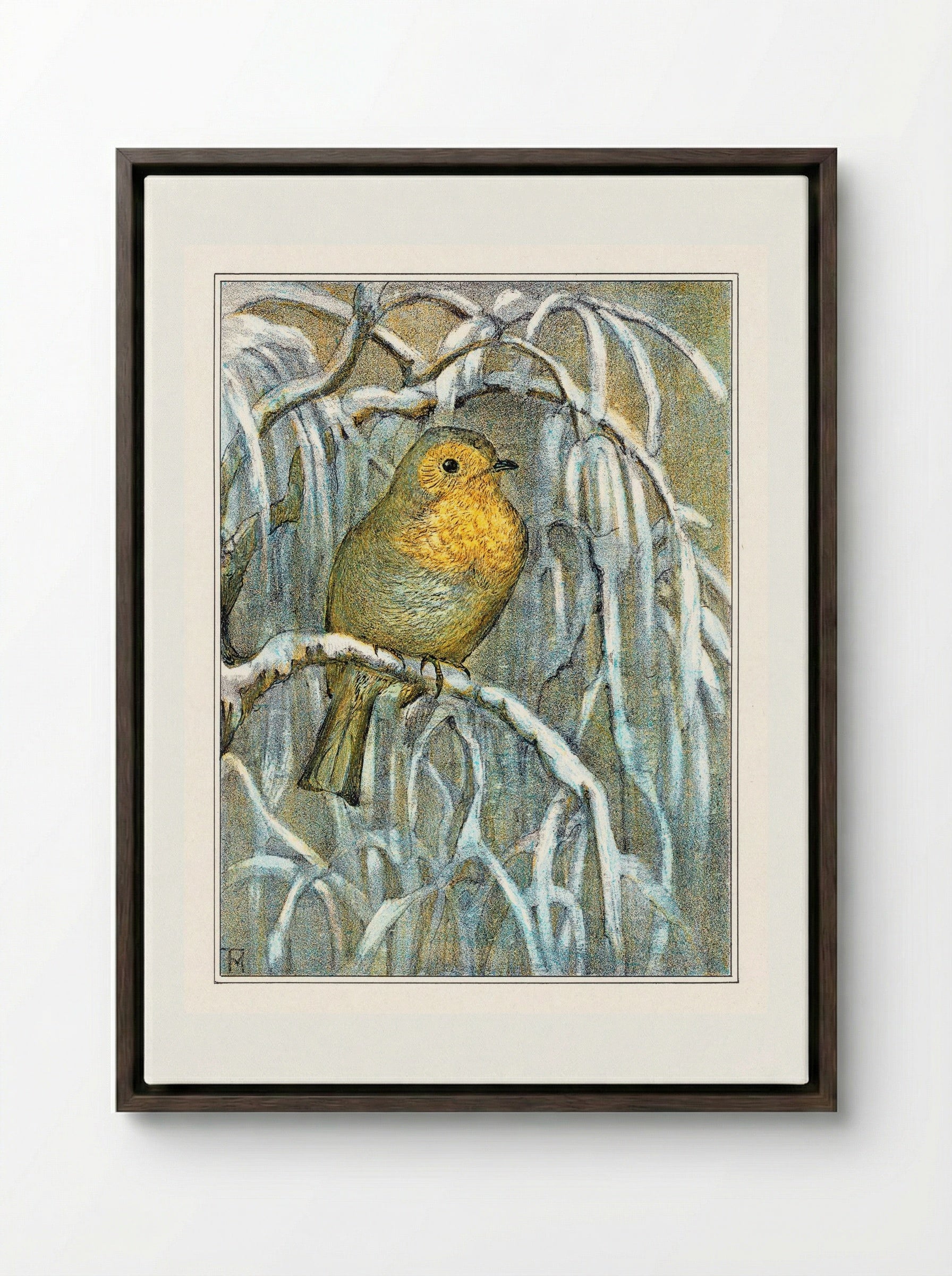Robin on Snowy Branch - Theo van Hoytema - Framed Canvas Dark Wood